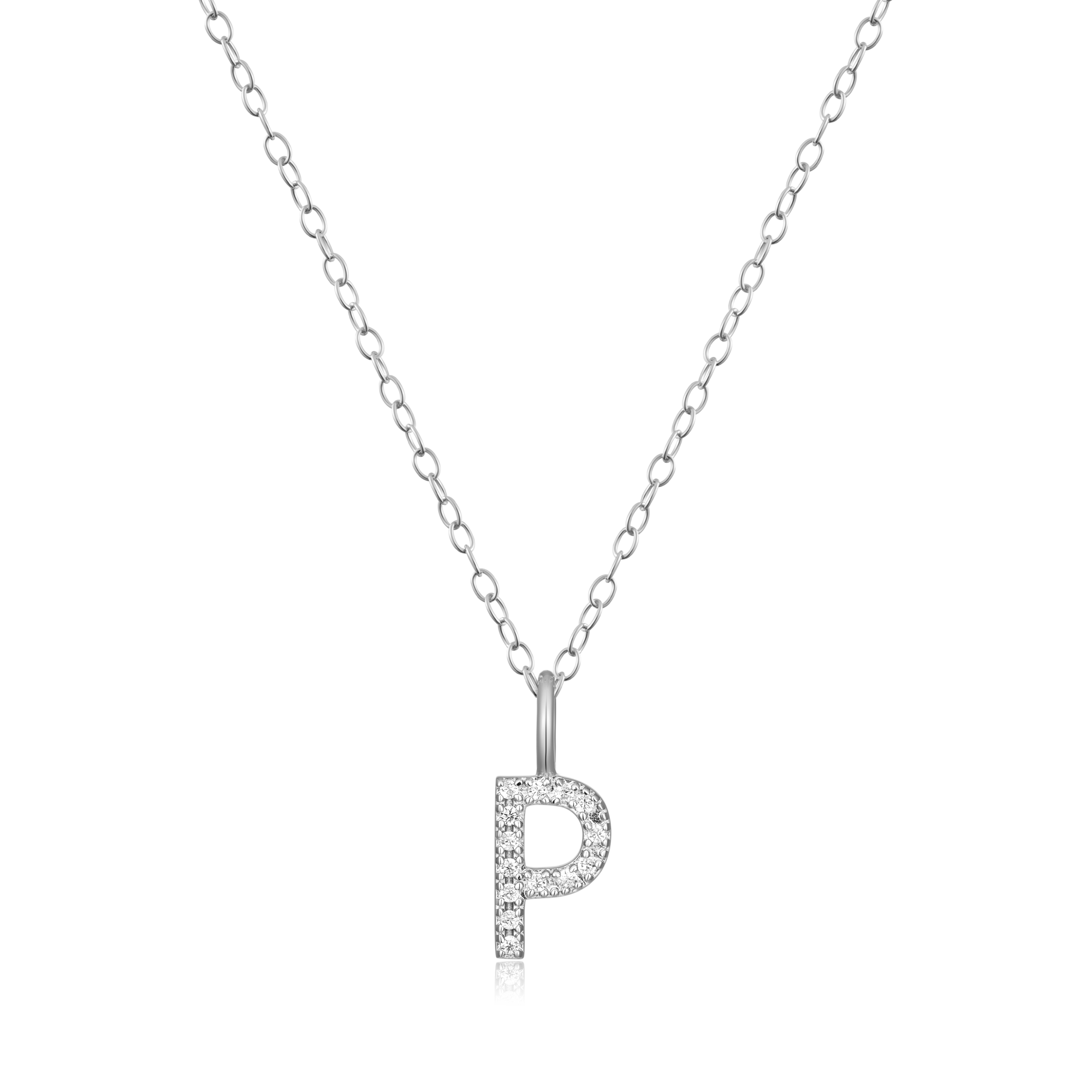 BN0135W - Letter "P" Initial Pendant Necklace in Rhodium-Plated Sterling Silver
