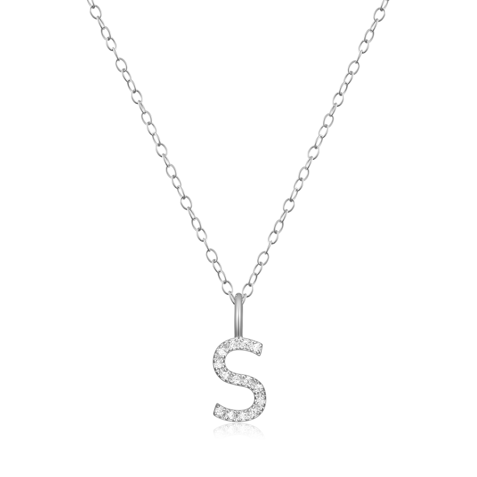 BN0138W - Letter "S" Initial Pendant Necklace in Rhodium-Plated Sterling Silver