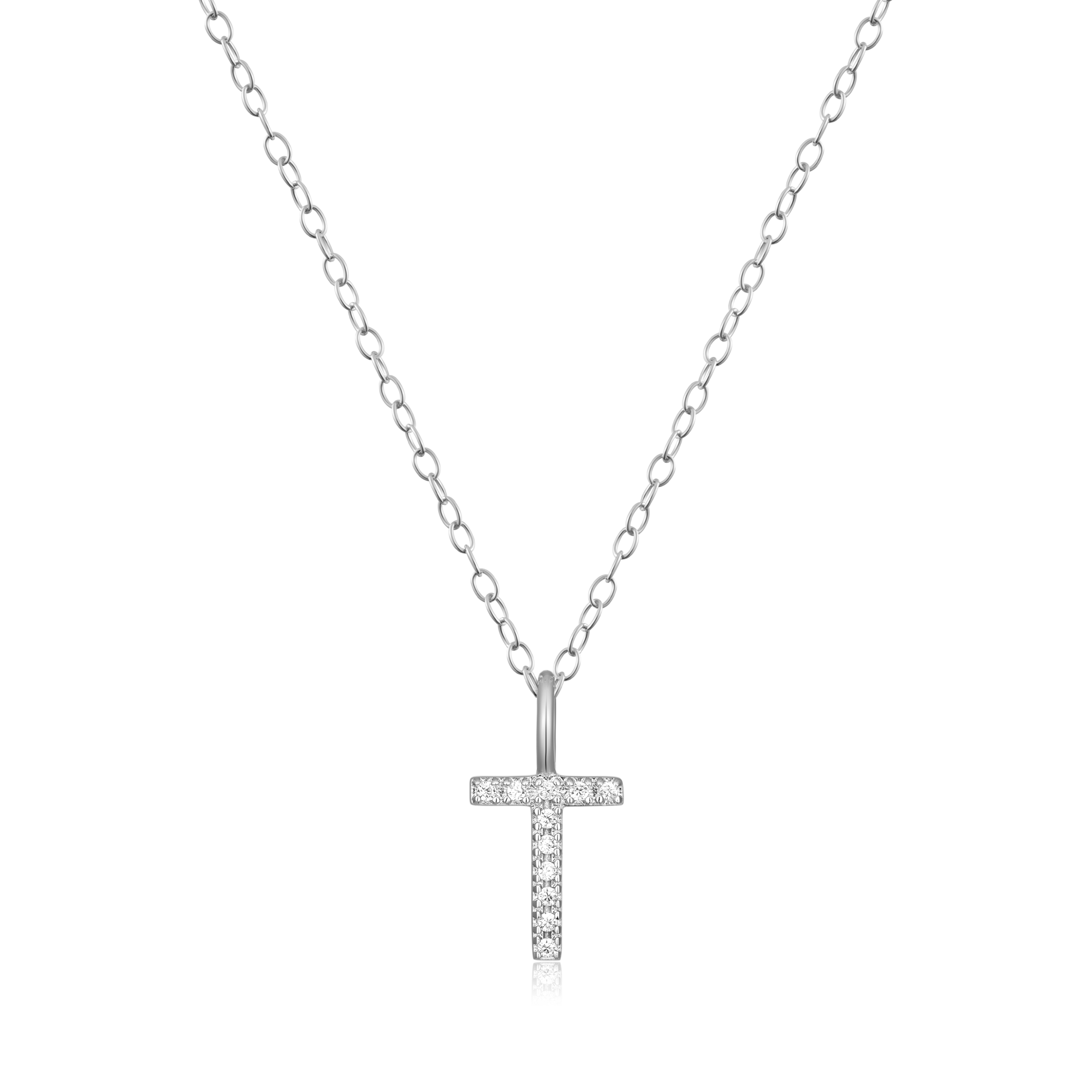 BN0139W - Letter "T" Initial Pendant Necklace in Rhodium-Plated Sterling Silver