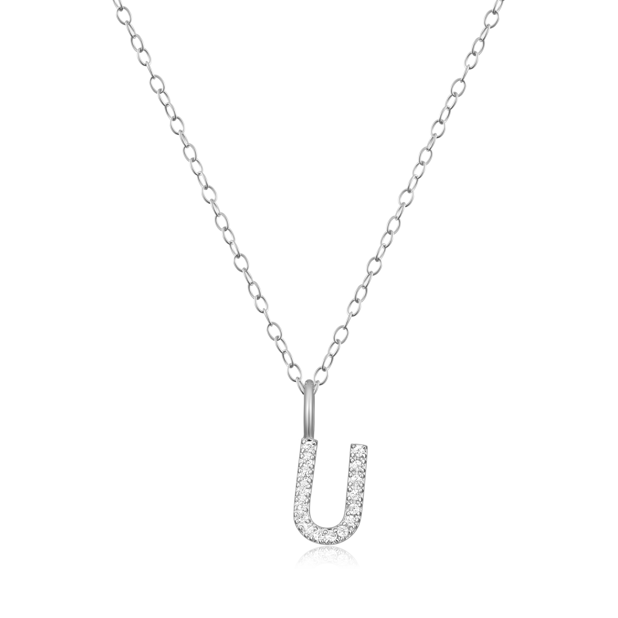 BN0140W - Letter "U" Initial Pendant Necklace in Rhodium-Plated Sterling Silver