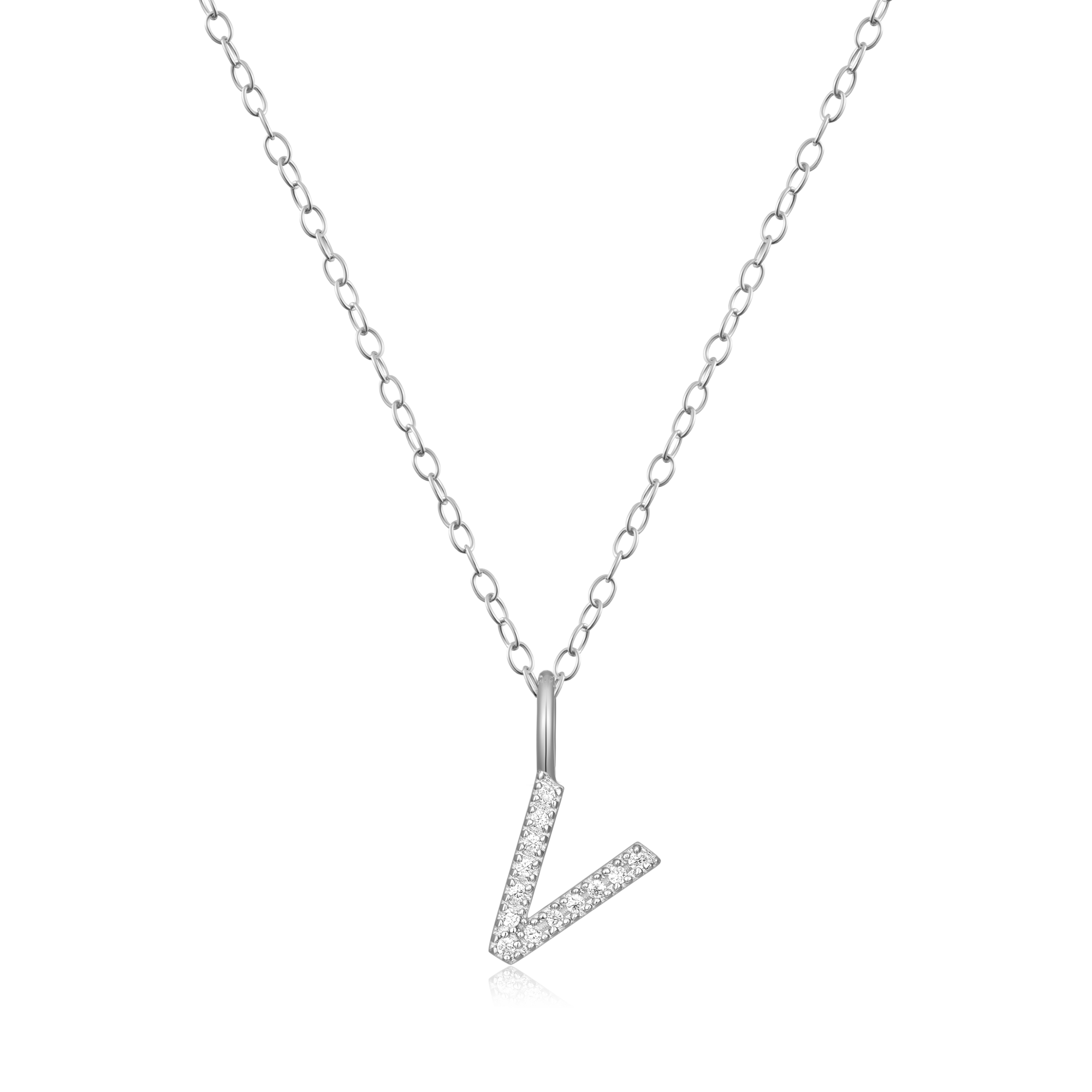 BN0141W - Letter "V" Initial Pendant Necklace in Rhodium-Plated Sterling Silver