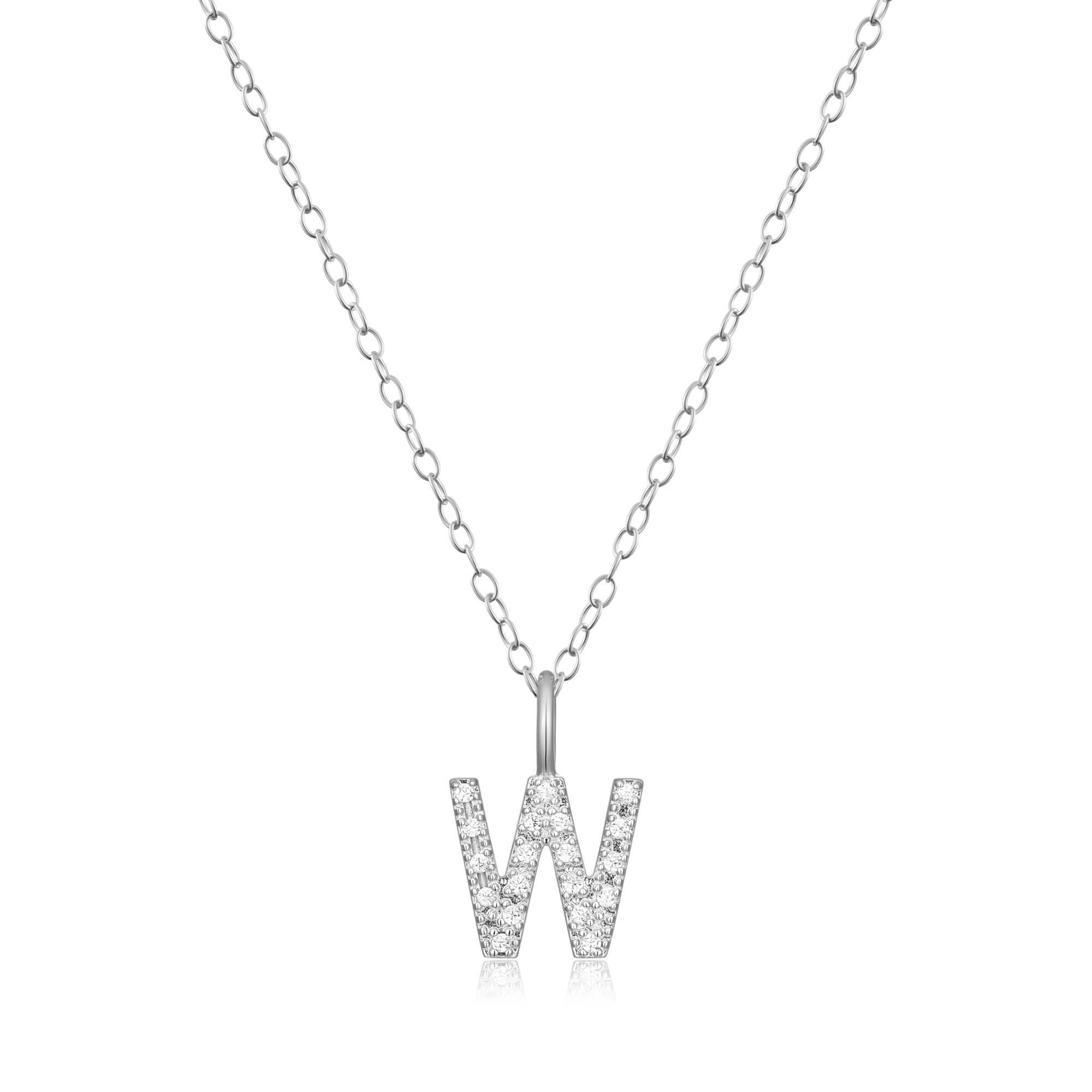 BN0142W - Letter "W" Initial Pendant Necklace in Rhodium-Plated Sterling Silver