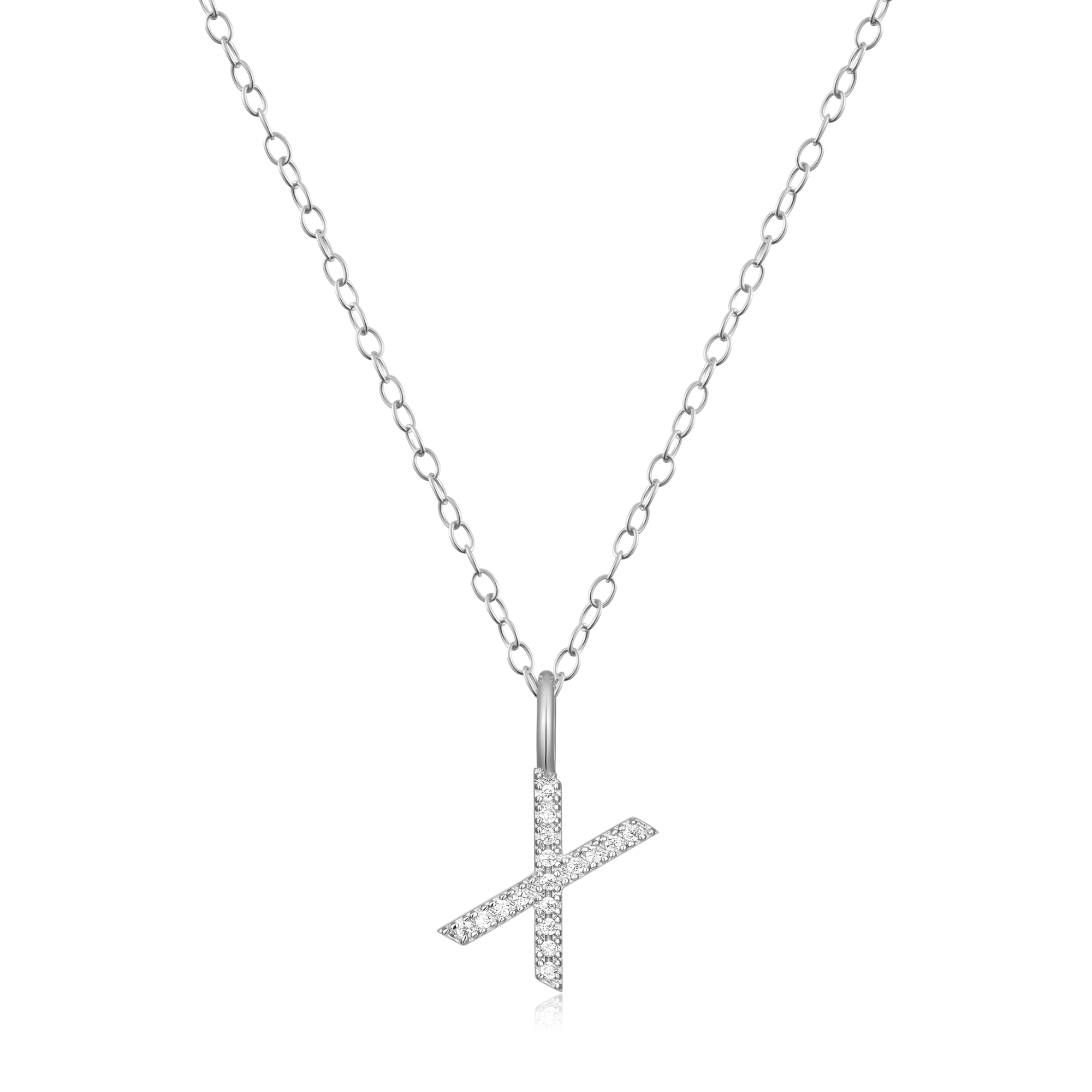 BN0143W - Letter "X" Initial Pendant Necklace in Rhodium-Plated Sterling Silver