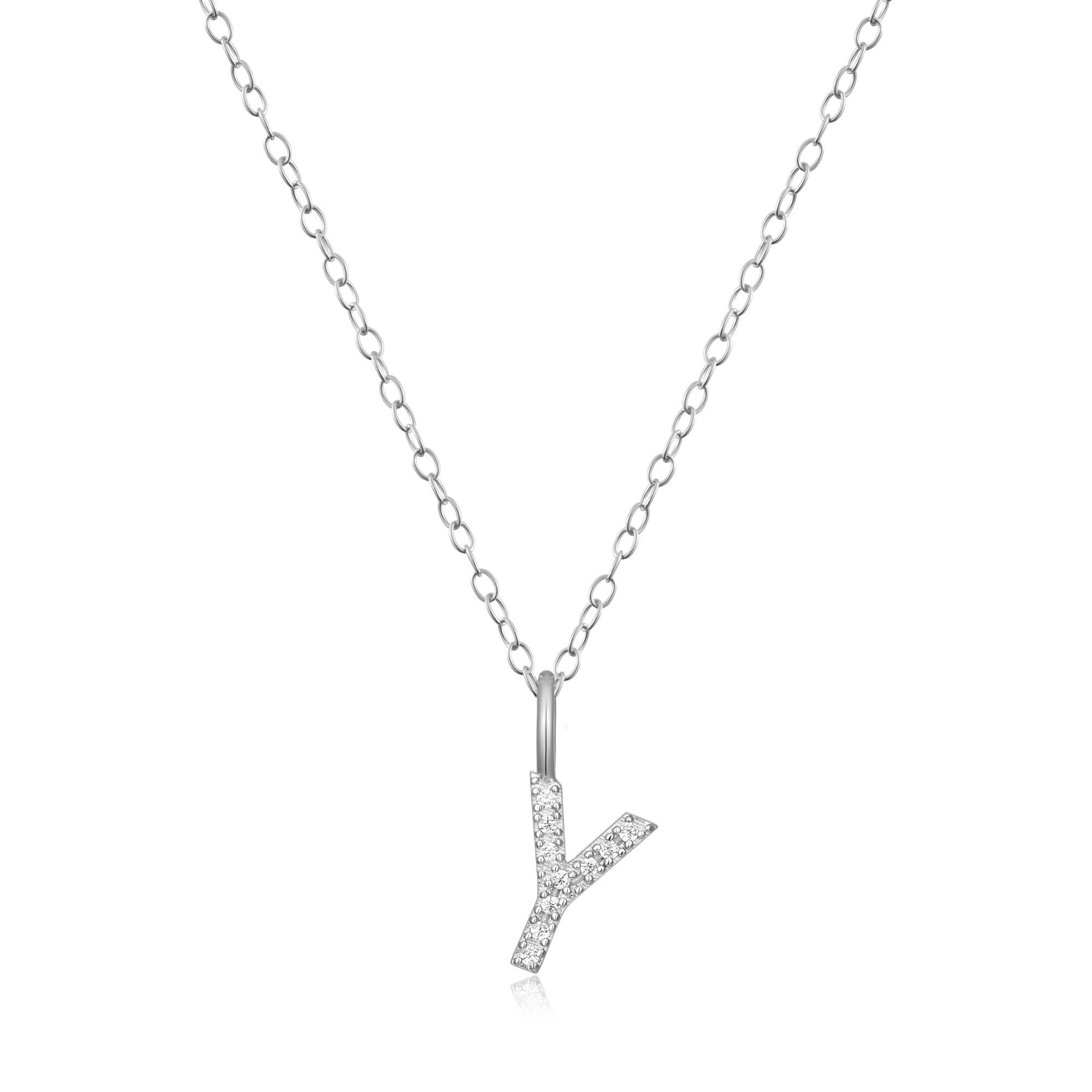 BN0144W - Letter "Y" Initial Pendant Necklace in Rhodium-Plated Sterling Silver