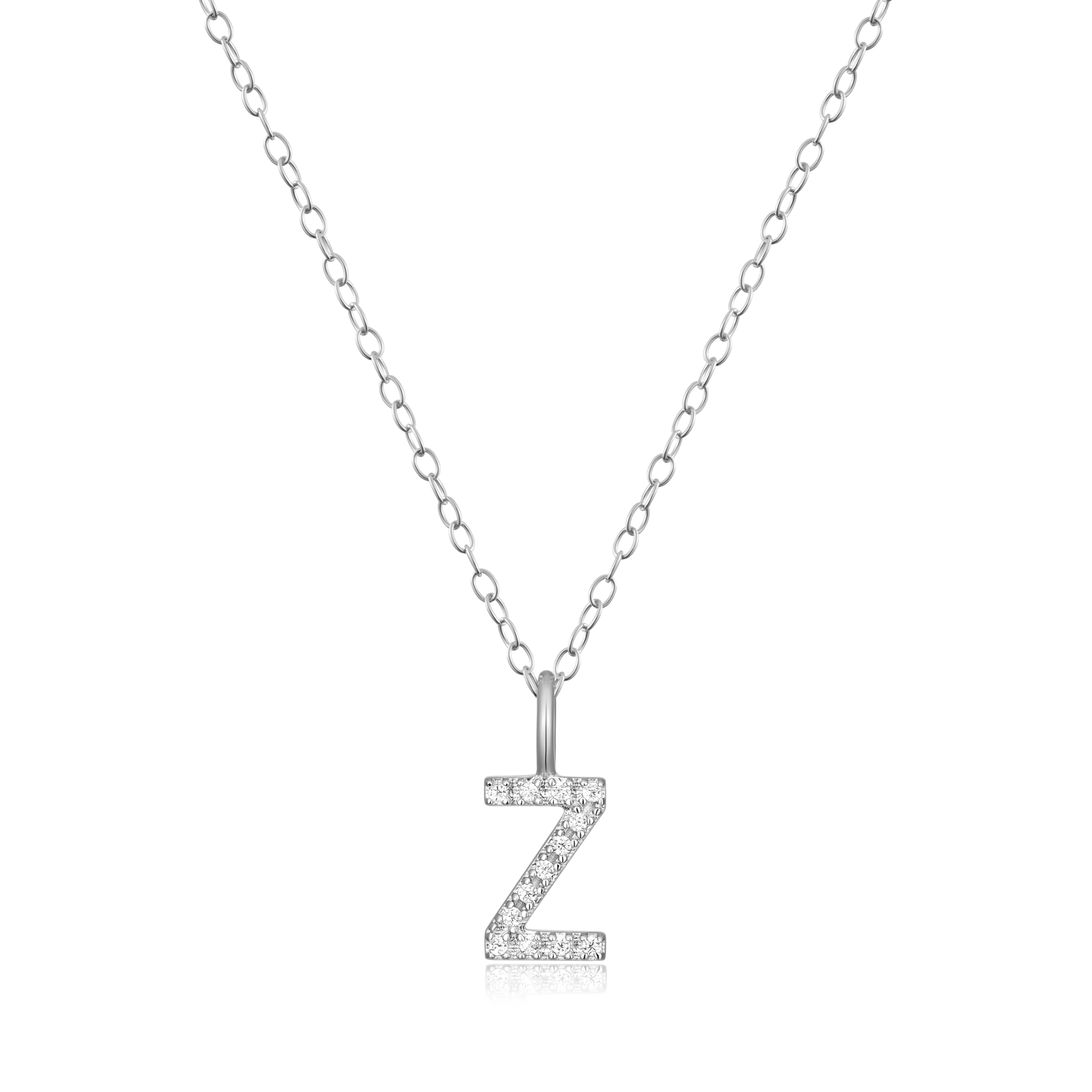 BN0145W - Letter "Z" Initial Pendant Necklace in Rhodium-Plated Sterling Silver