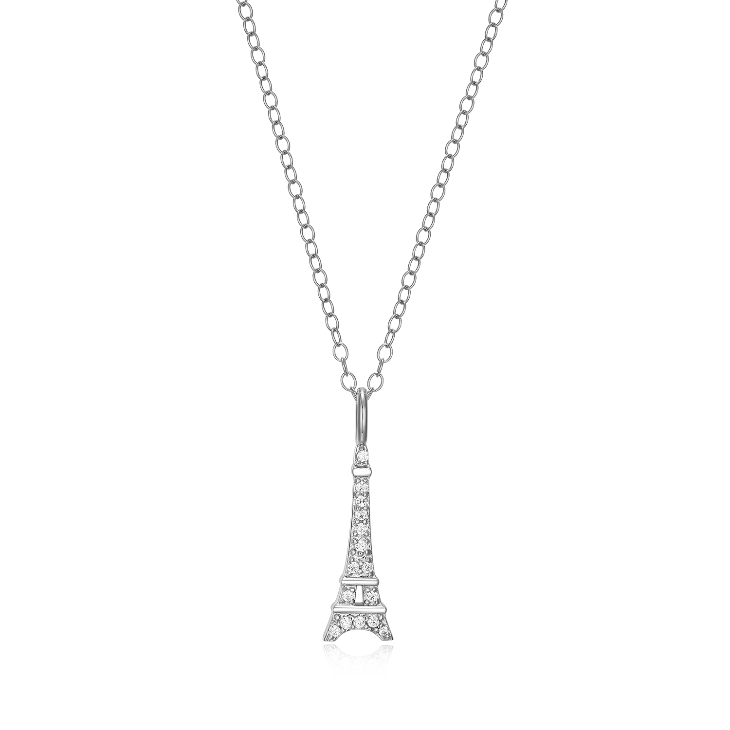 BN0183W - Eiffel Tower Lab-Created Diamond Pendant Necklace in Rhodium-Plated Sterling Silver