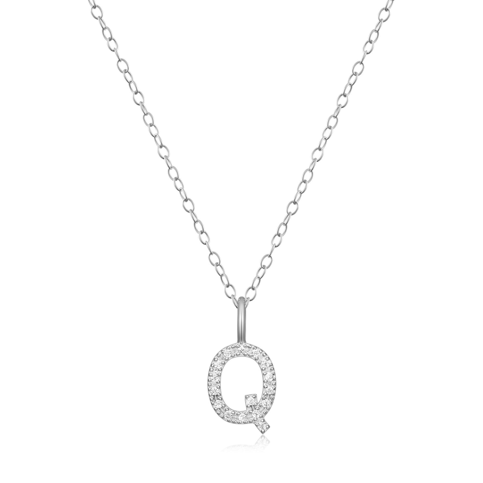 BN0136W - Letter "Q" Initial Pendant Necklace in Rhodium-Plated Sterling Silver