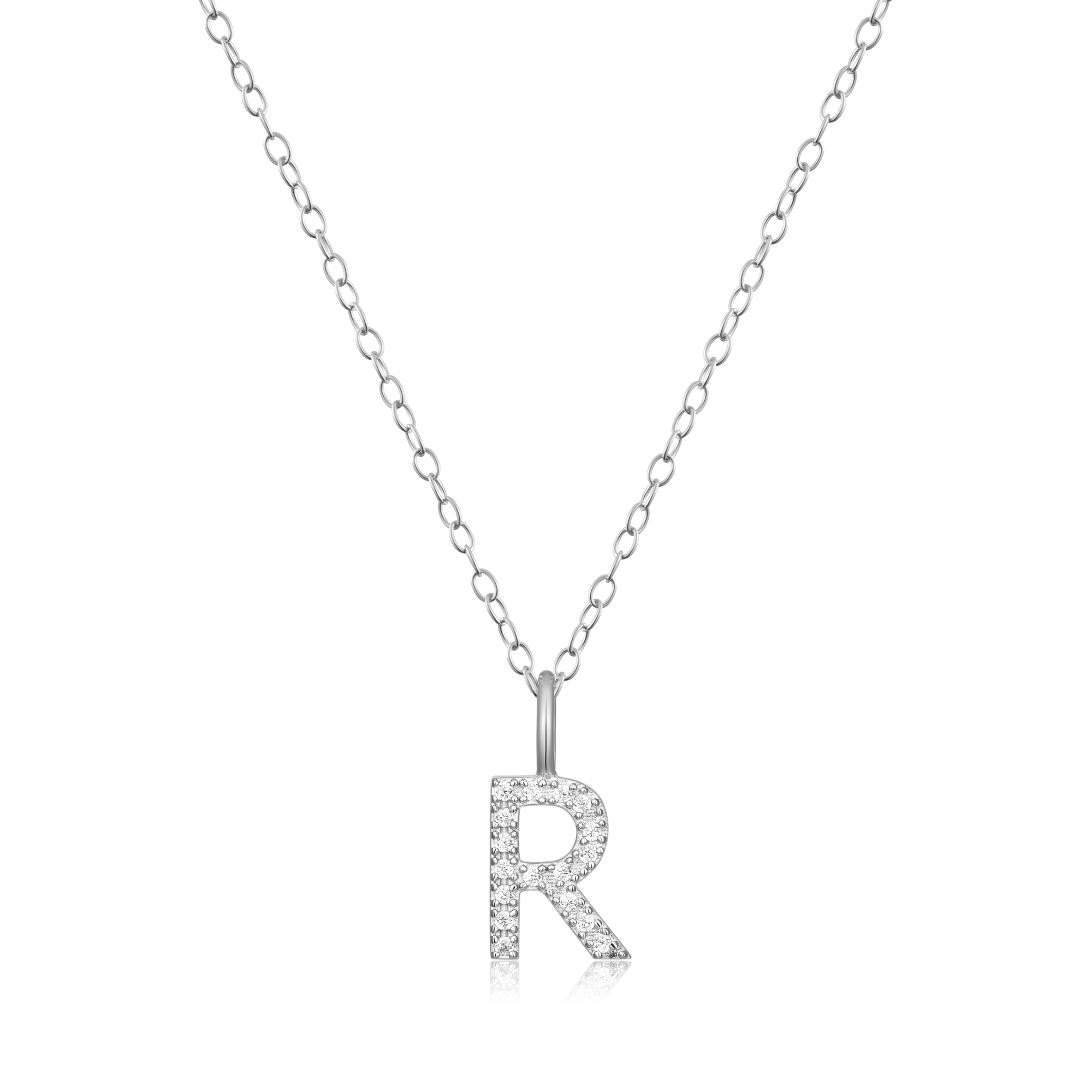 BN0137W - Letter "R" Initial Pendant Necklace in Rhodium-Plated Sterling Silver