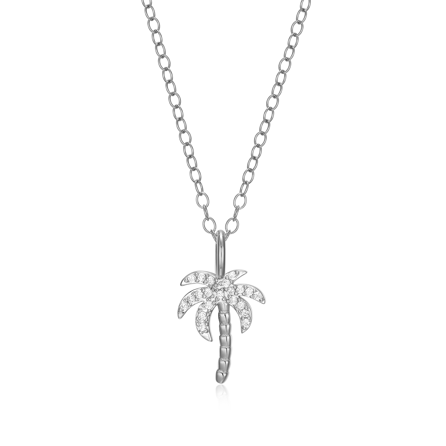 BN0181W - Pave Palm Tree Lab-Created Diamond Pendant Necklace in Rhodium-Plated Sterling Silver