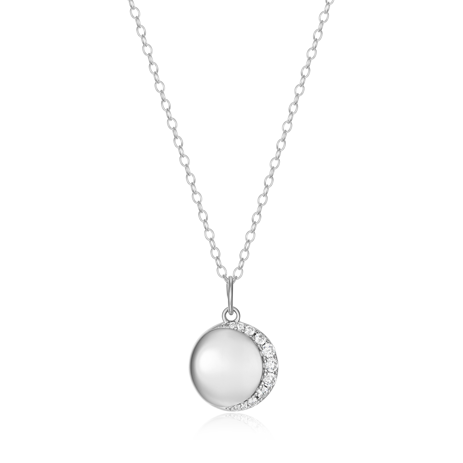 BN0216W - Crescent Medallion Lab-Created Diamond Pendant Necklace in Rhodium-Plated Sterling Silver