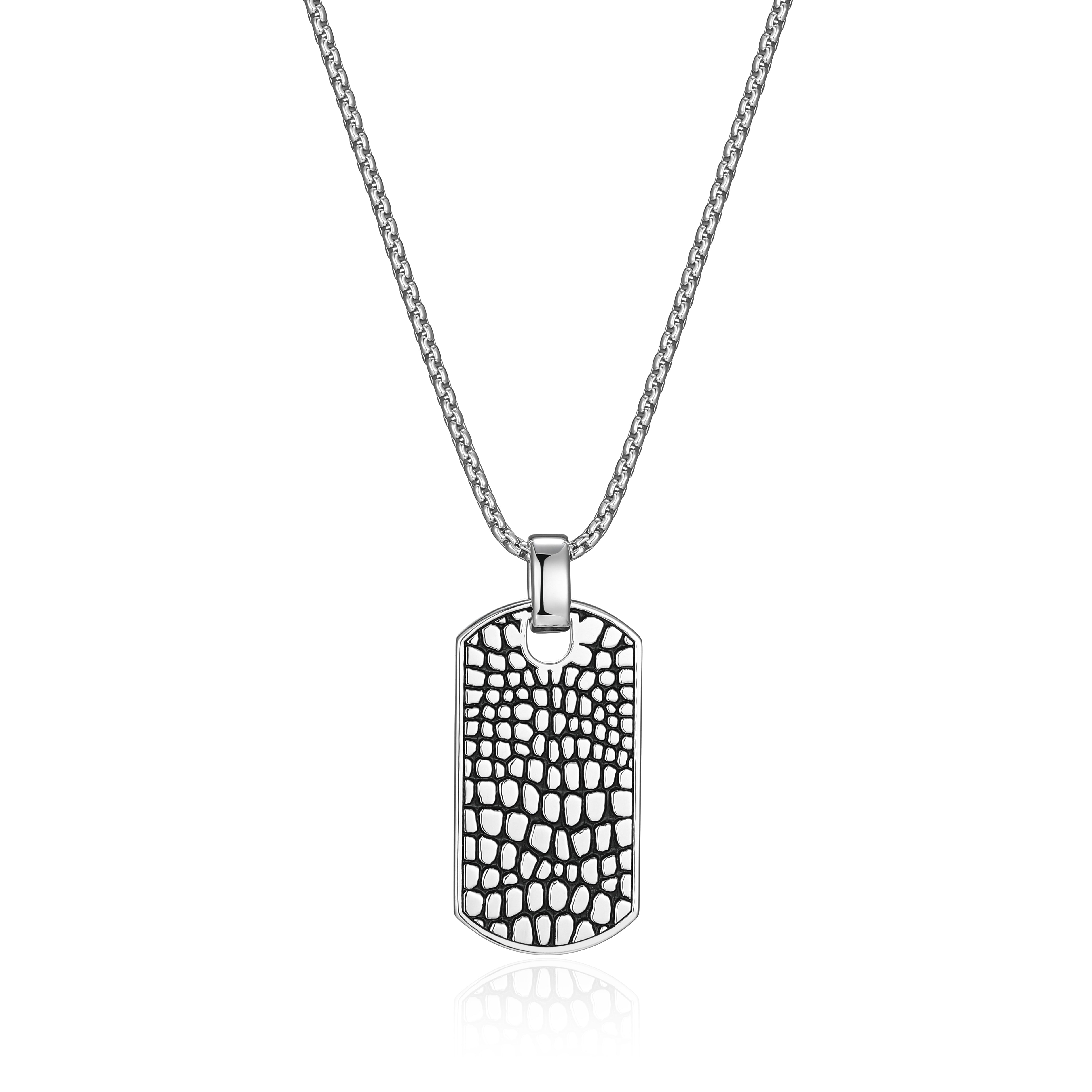 UN0095 - Reptile Design Dog Tag Necklace in Rhodium - Plated Sterling Silver