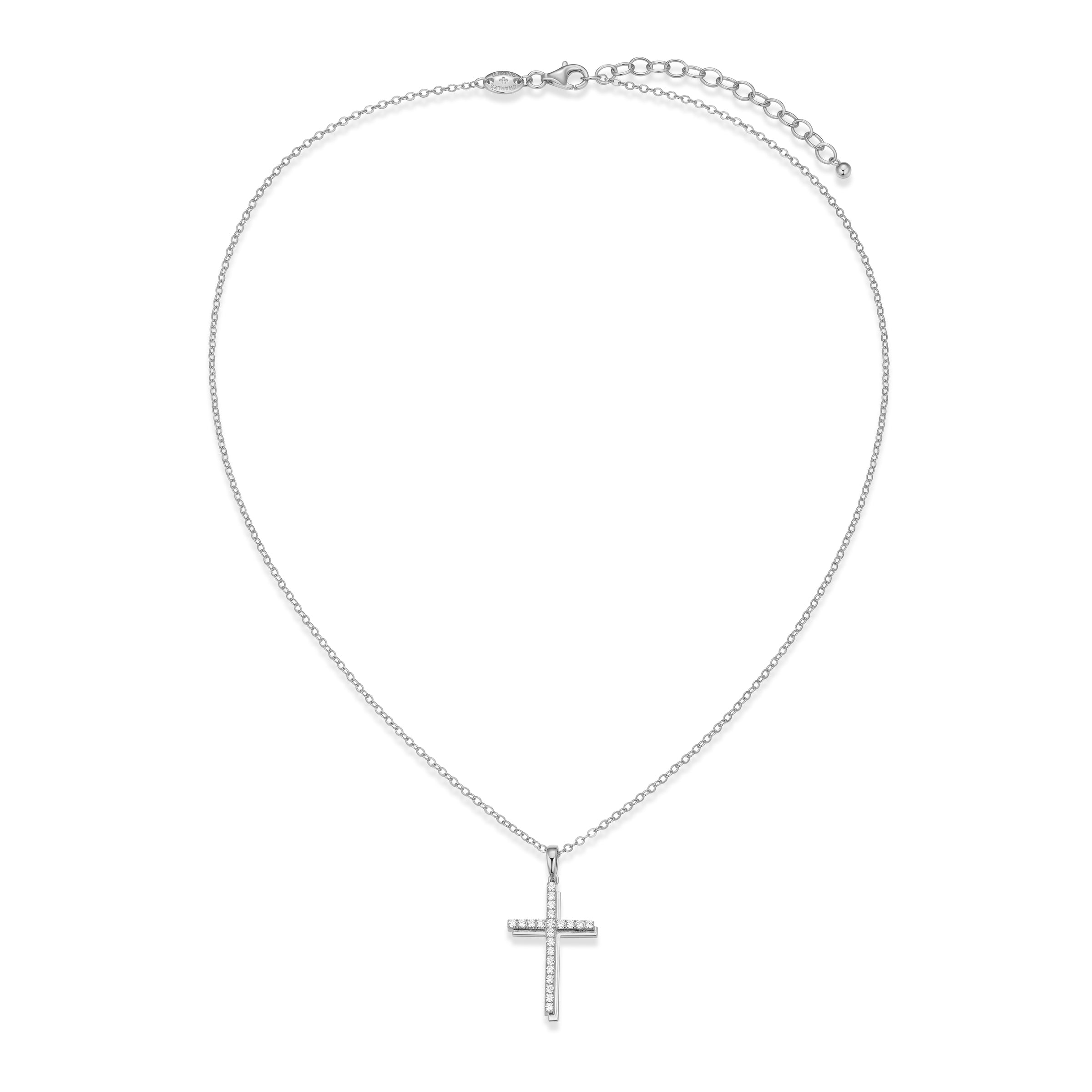 Sterling Silver Rhodium Plated Pend With White Cz Size1218F Cable 17" Ext 2"