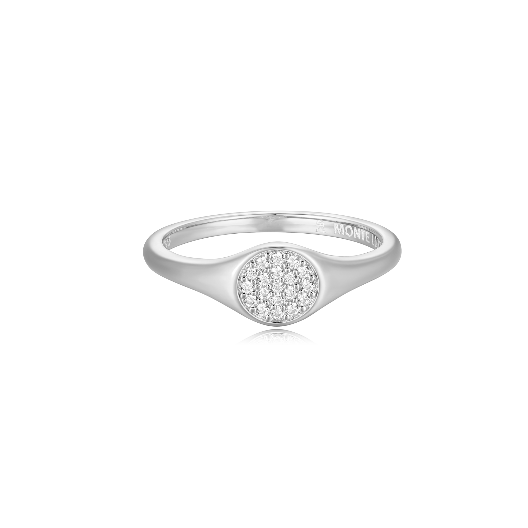 BR0073W - Lab-Created Diamond Pave Circle Signet Ring in Rhodium-Plated Sterling Silver - Size 8