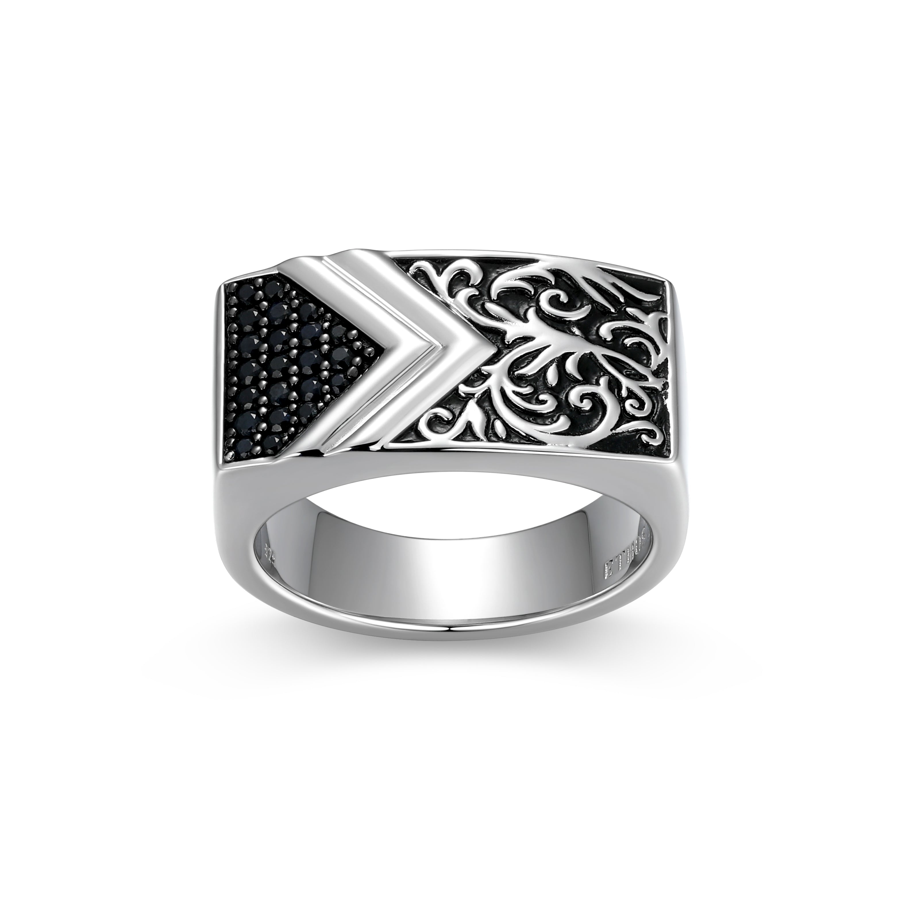 UR0084 - Chisel & Chevron Genuine Black Sapphire Ring in Rhodium - Plated Sterling Silver