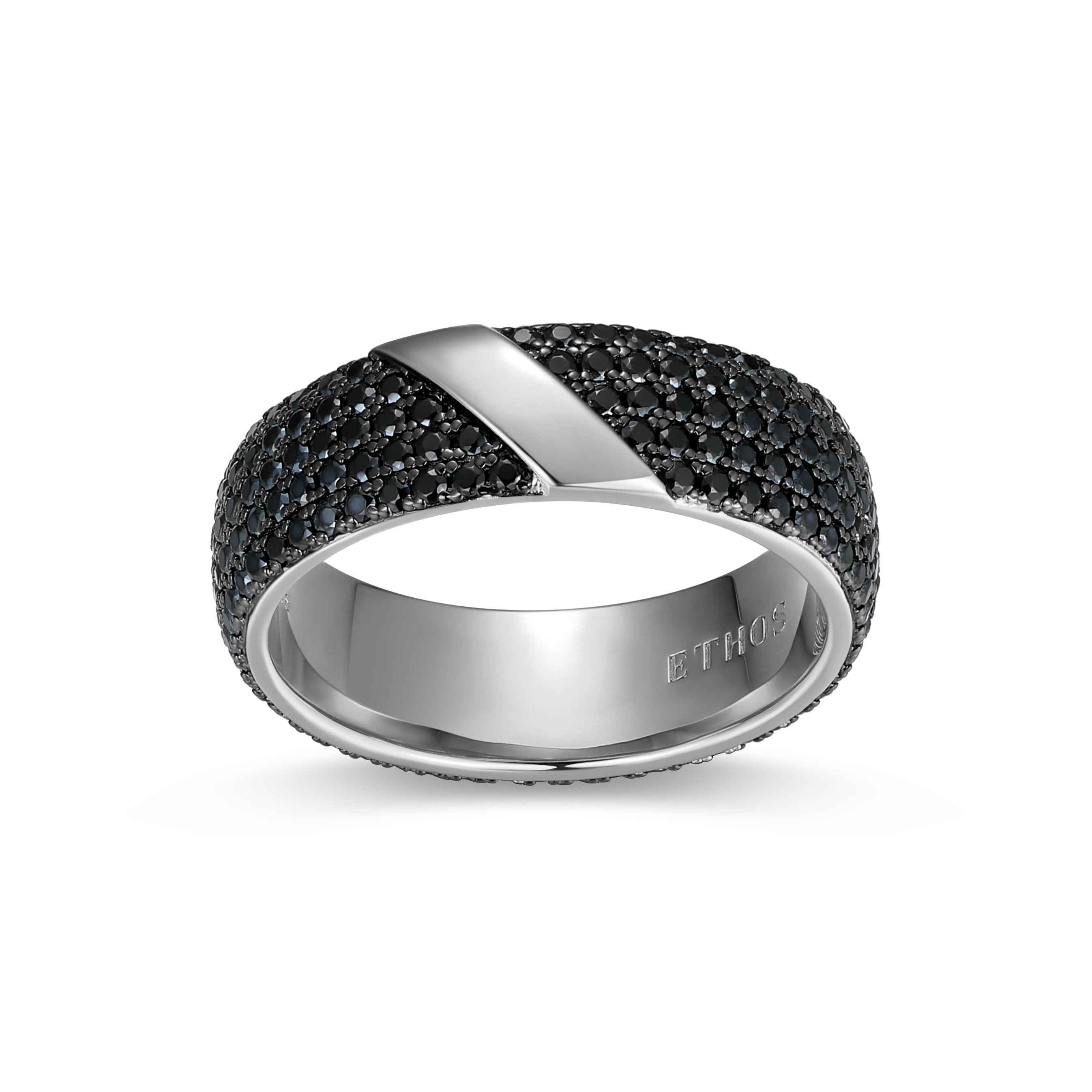 UR0090 - Eclipse Genuine Black Sapphire Two - Tone Eternity Band Ring in Rhodium - Plated Sterling Silver