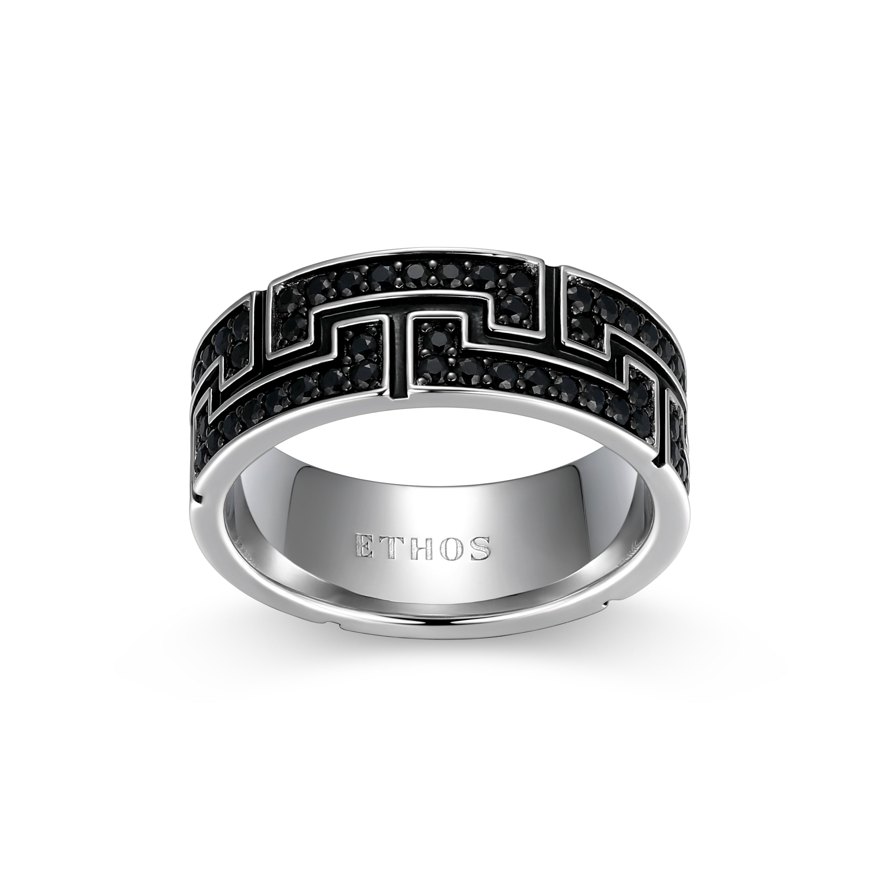 UR0092 - Eclipse Genuine Black Sapphire Labyrinth Eternity Band Ring in Rhodium - Plated Sterling Silver