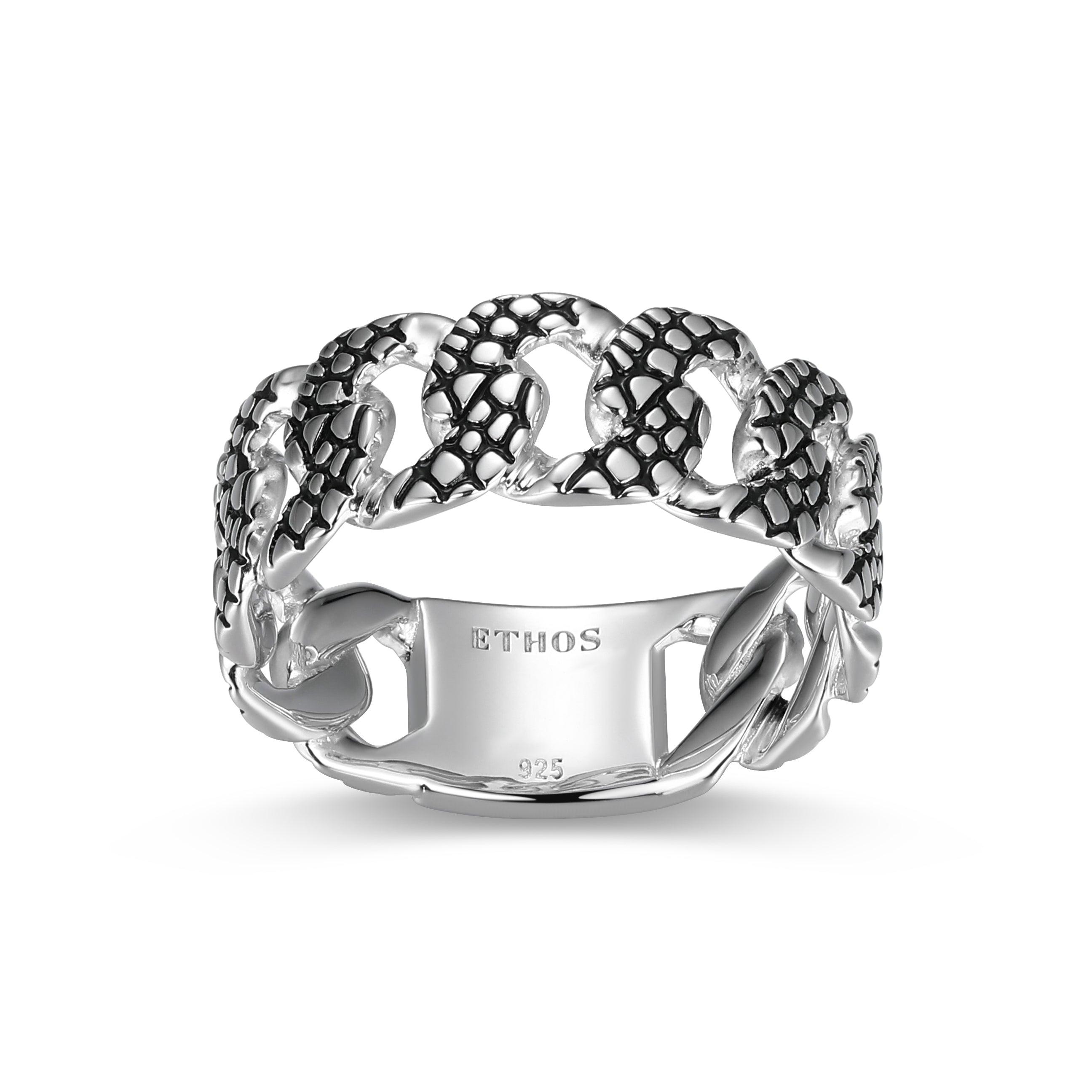 UR0094 - Reptile Design Cuban Link Band Ring in Rhodium - Plated Sterling Silver