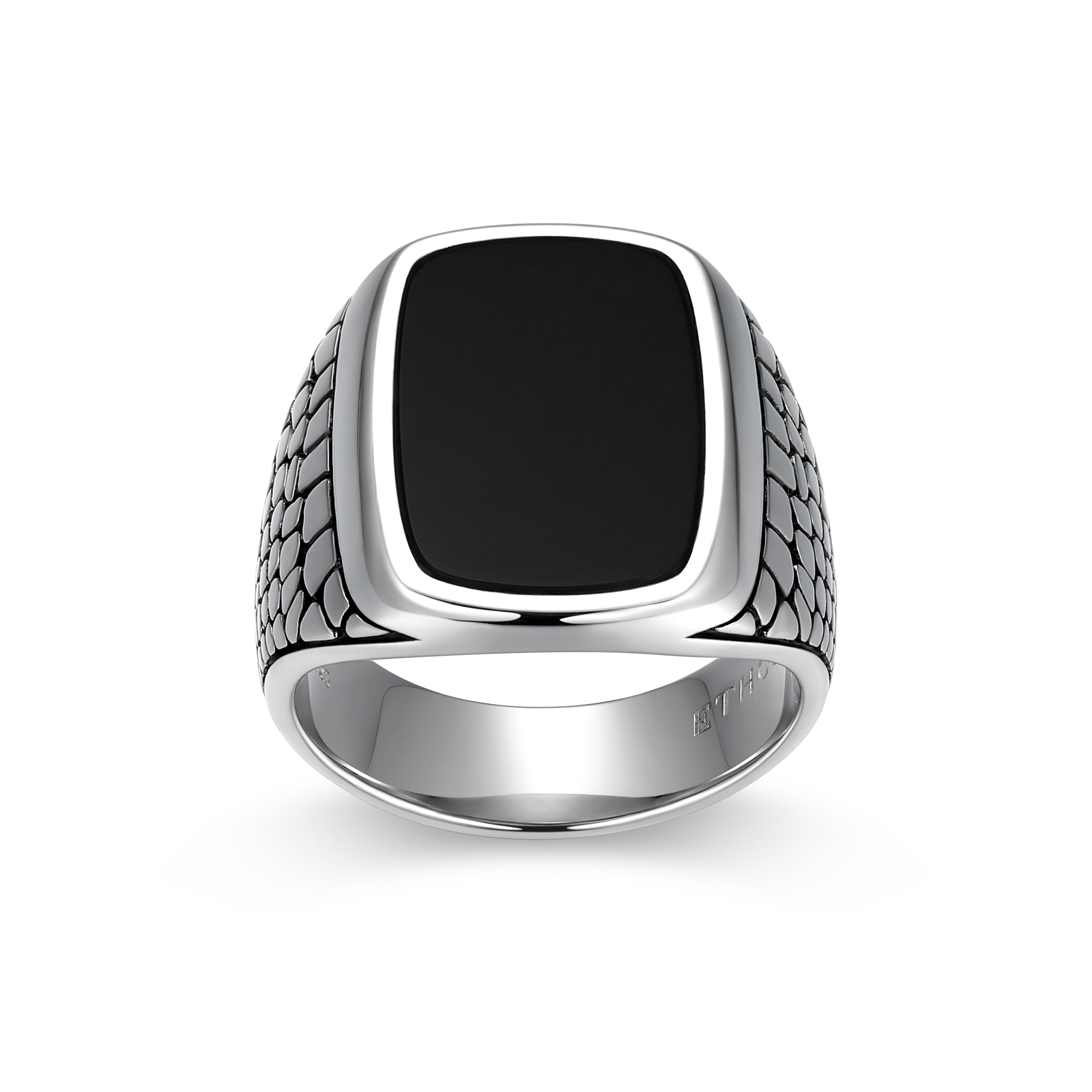 UR0096 - Reptile Design Black Agate Signet Ring in Rhodium - Plated Sterling Silver