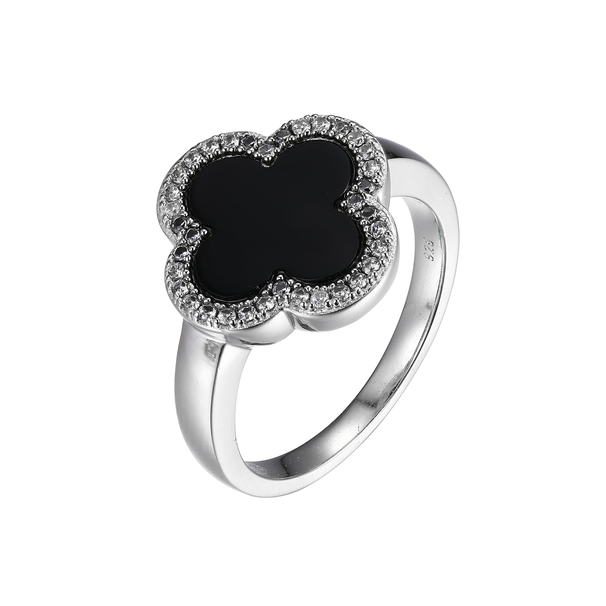 Sterling Silver Ring With Black Onyx (Clover Shape 11X11Mm) And Cz, Rhodium Finish - Size 6