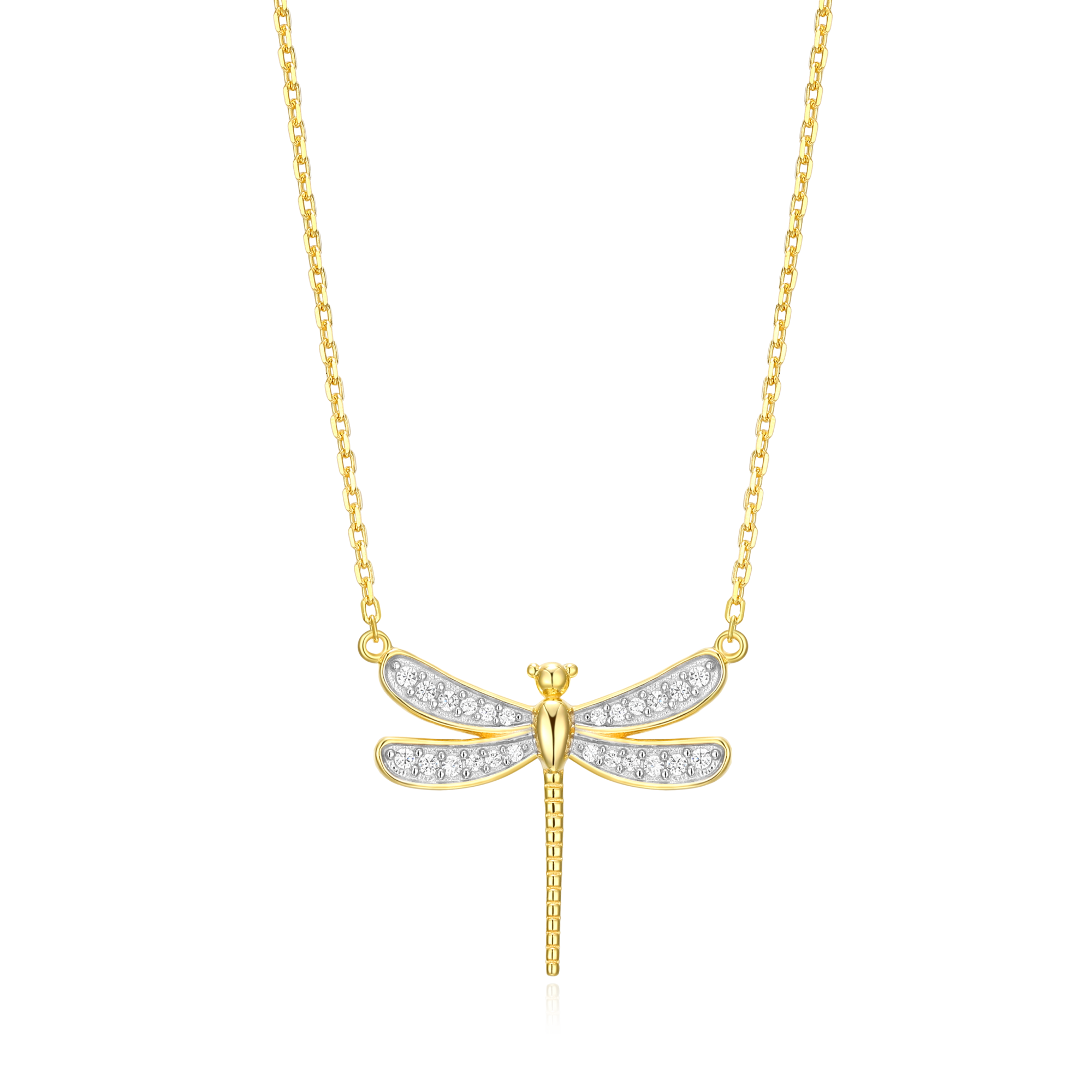 BN0106Y - Dragonfly Lab-Created Diamond Pave Pendant Necklace in 14K Yellow Gold-Plated Sterling Silver