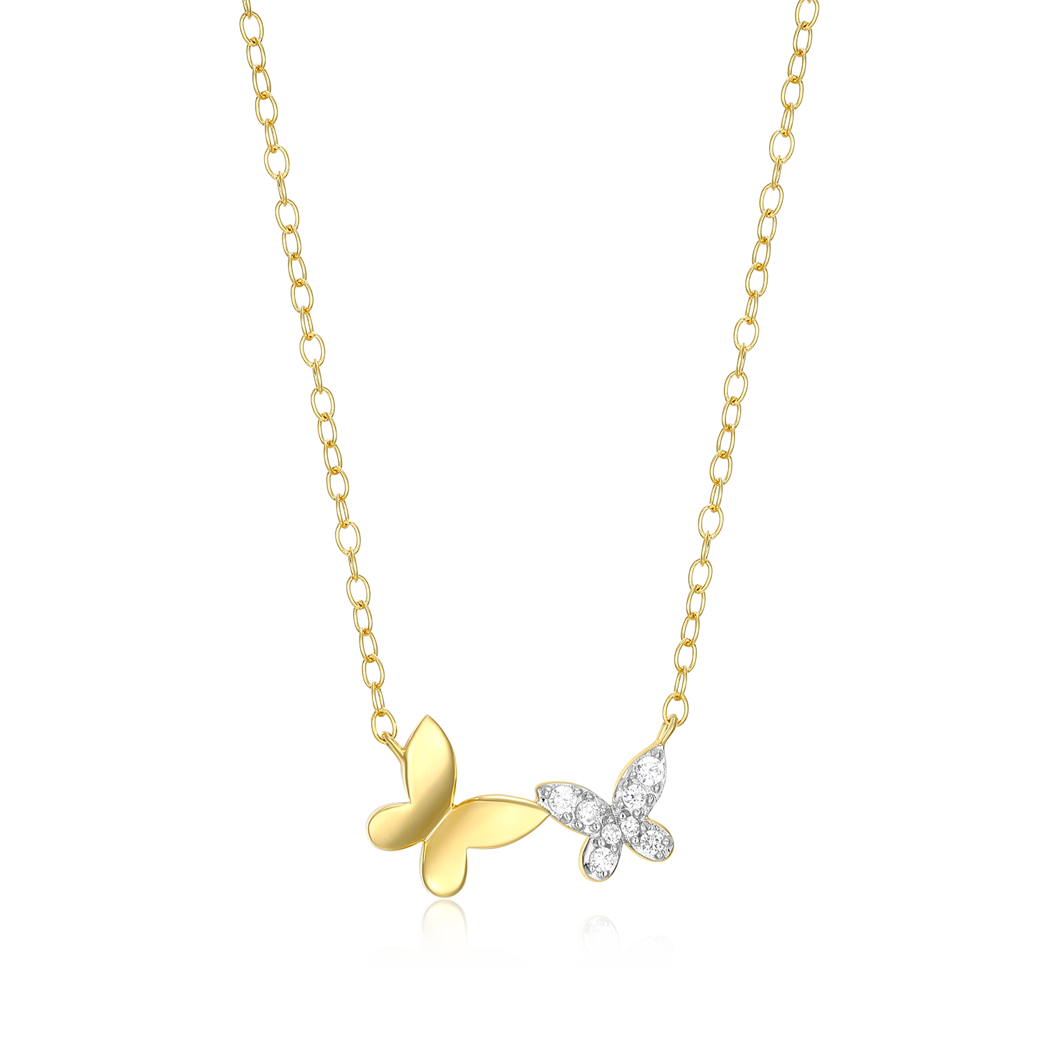 BN0185Y - Twin Butterfly Lab-Created Diamond Necklace in 14K Gold & Rhodium-Plated Sterling Silver