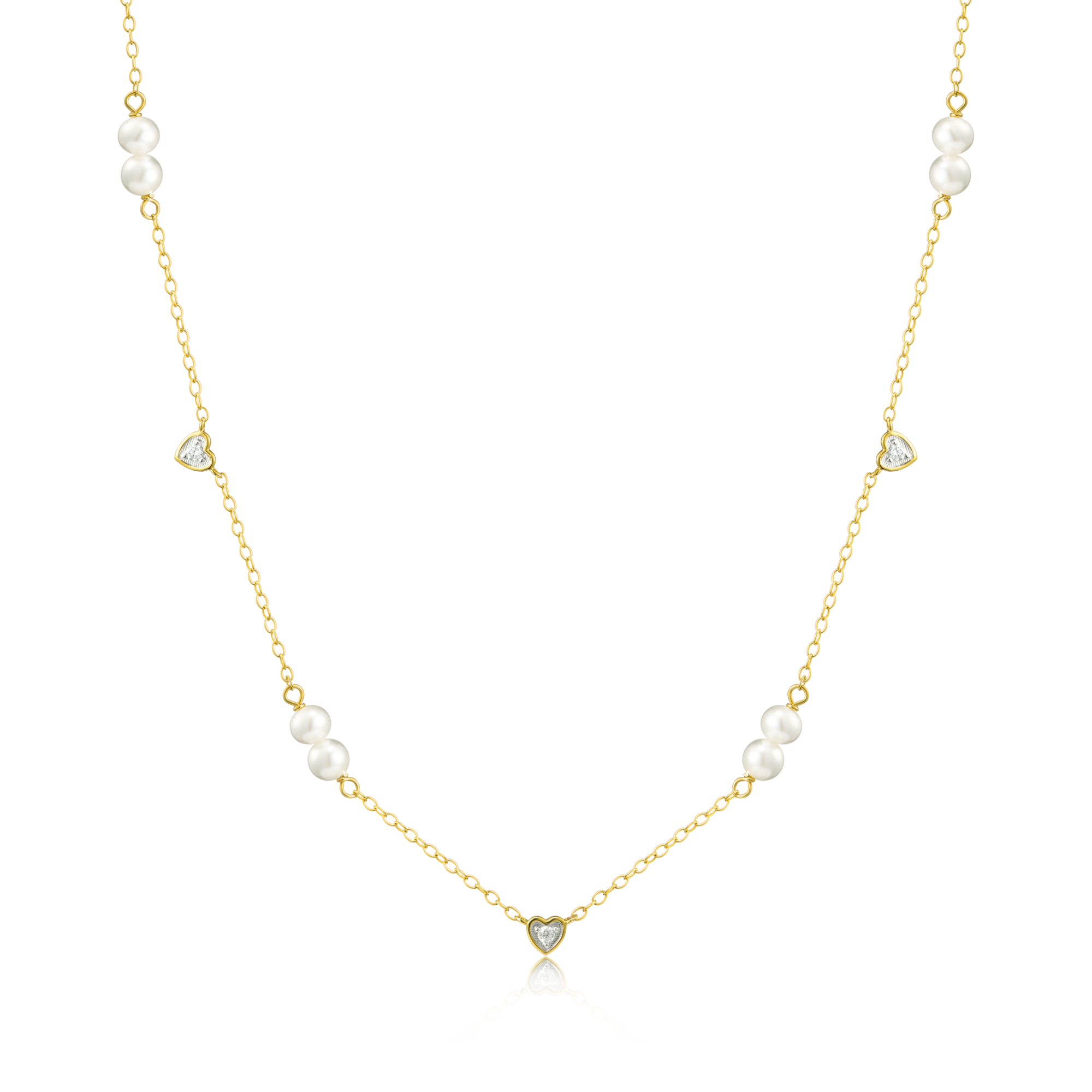BN0149Y - Hearts & Pearls Station Necklace in 14K Yellow Gold-Plated Sterling Silver
