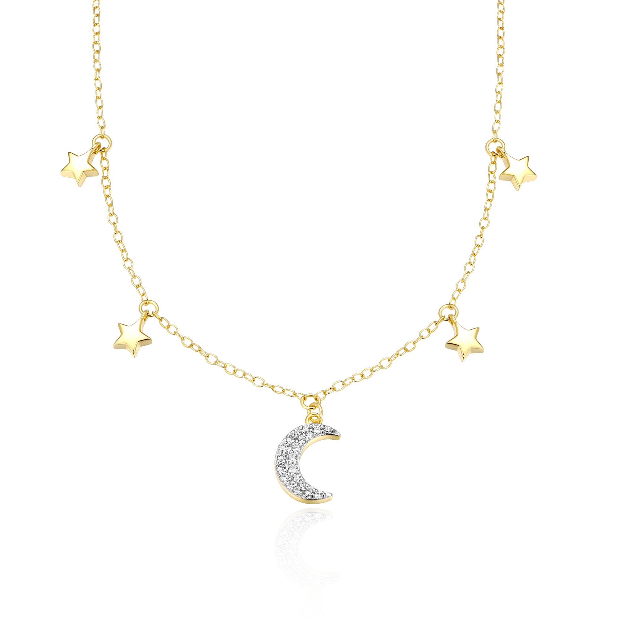 BN0152Y - Dangling Moon & Stars Necklace in 14K Yellow Gold-Plated Sterling Silver