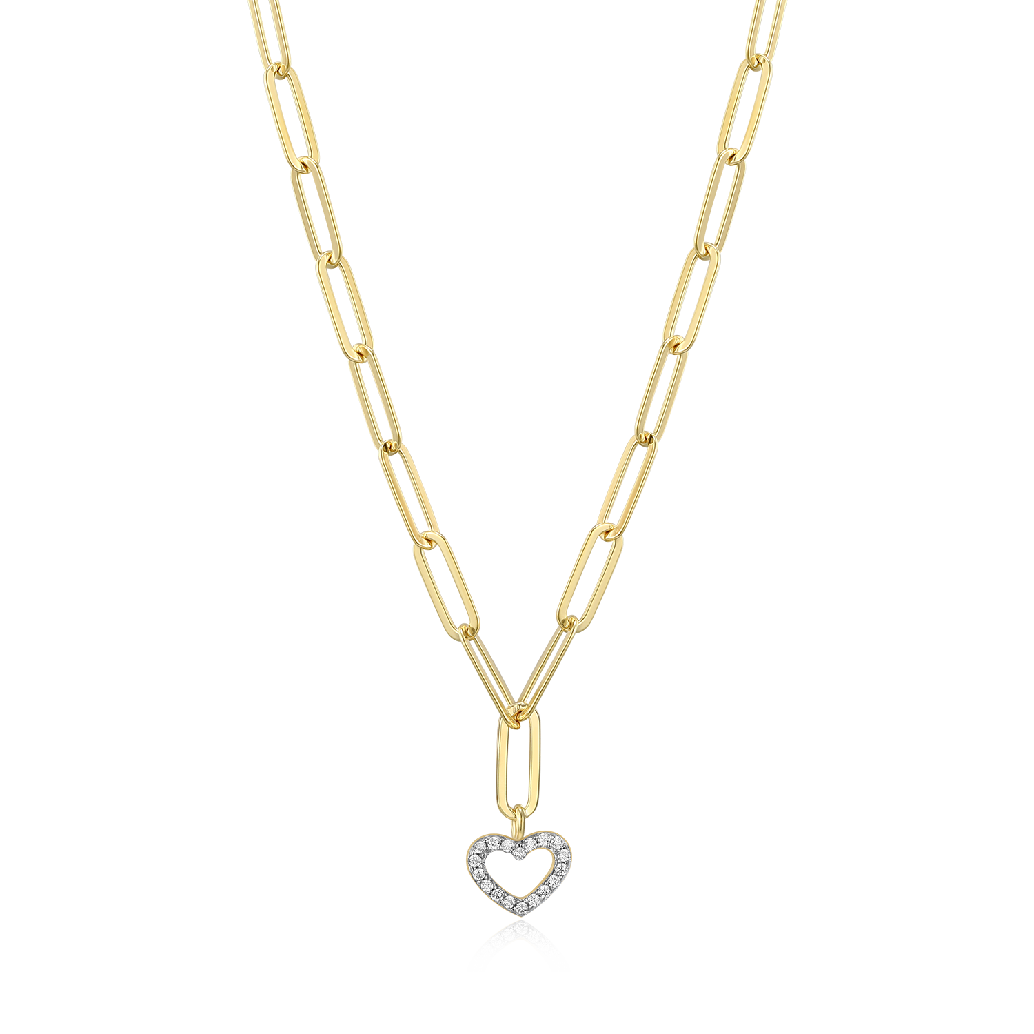 BN0169Y - Open Heart Pendant Lab-Created Diamond Paperclip Necklace in 14K Gold & Rhodium-Plated Sterling Silver