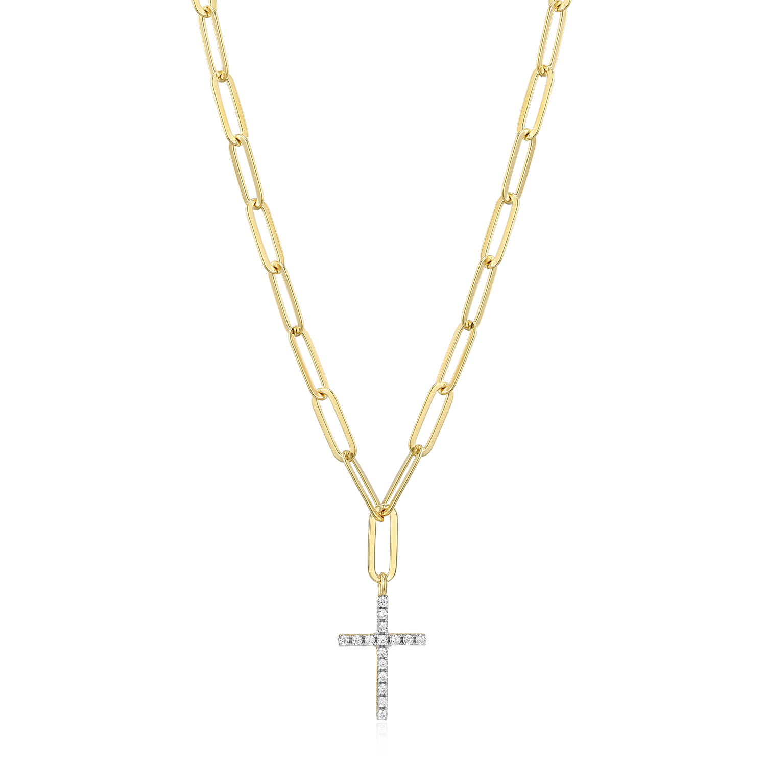 BN0170Y - Cross Pendant Lab-Created Diamond Paperclip Necklace in 14K Gold & Rhodium-Plated Sterling Silver
