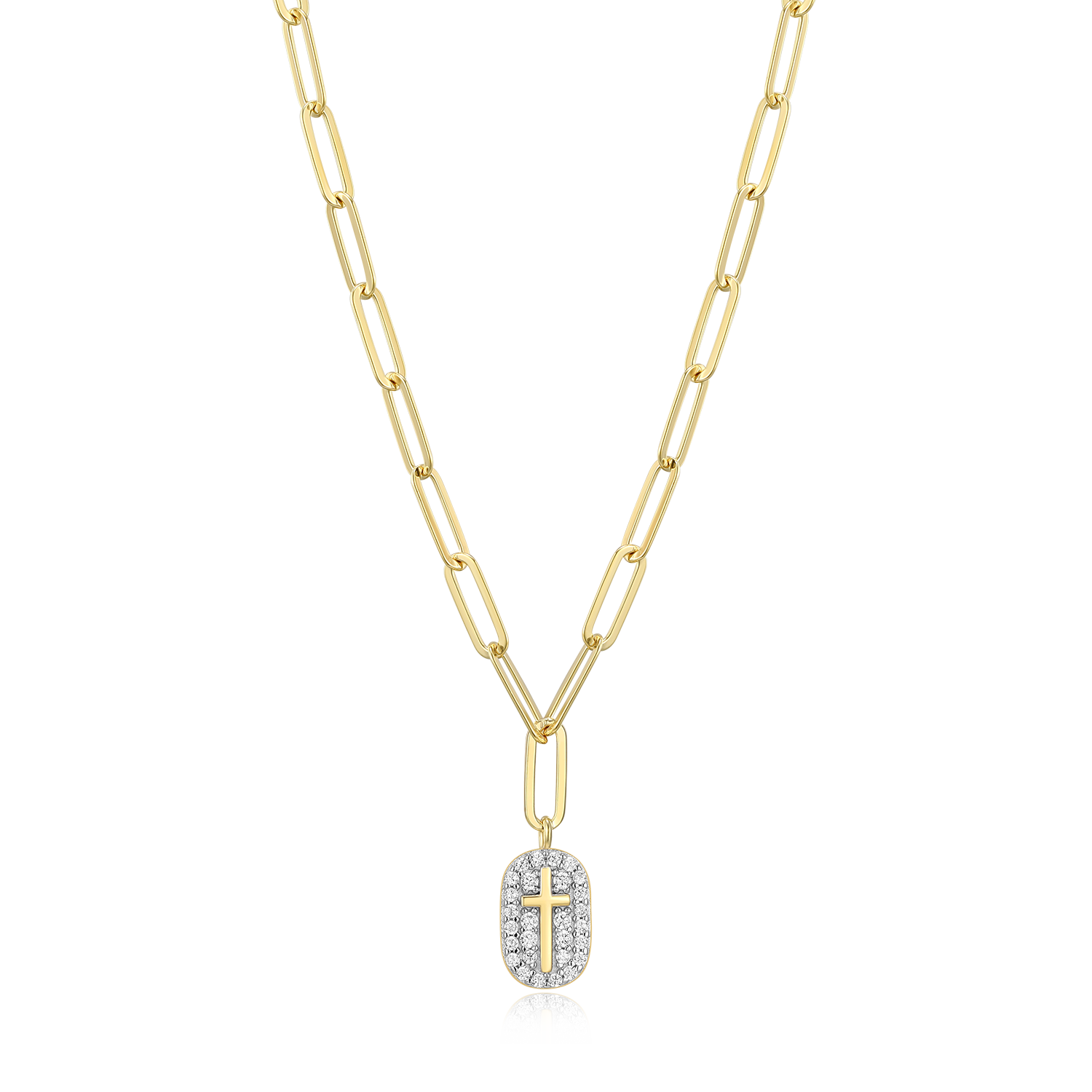 BN0171Y - Cross Tag Pendant Lab-Created Diamond Paperclip Necklace in 14K Gold & Rhodium-Plated Sterling Silver