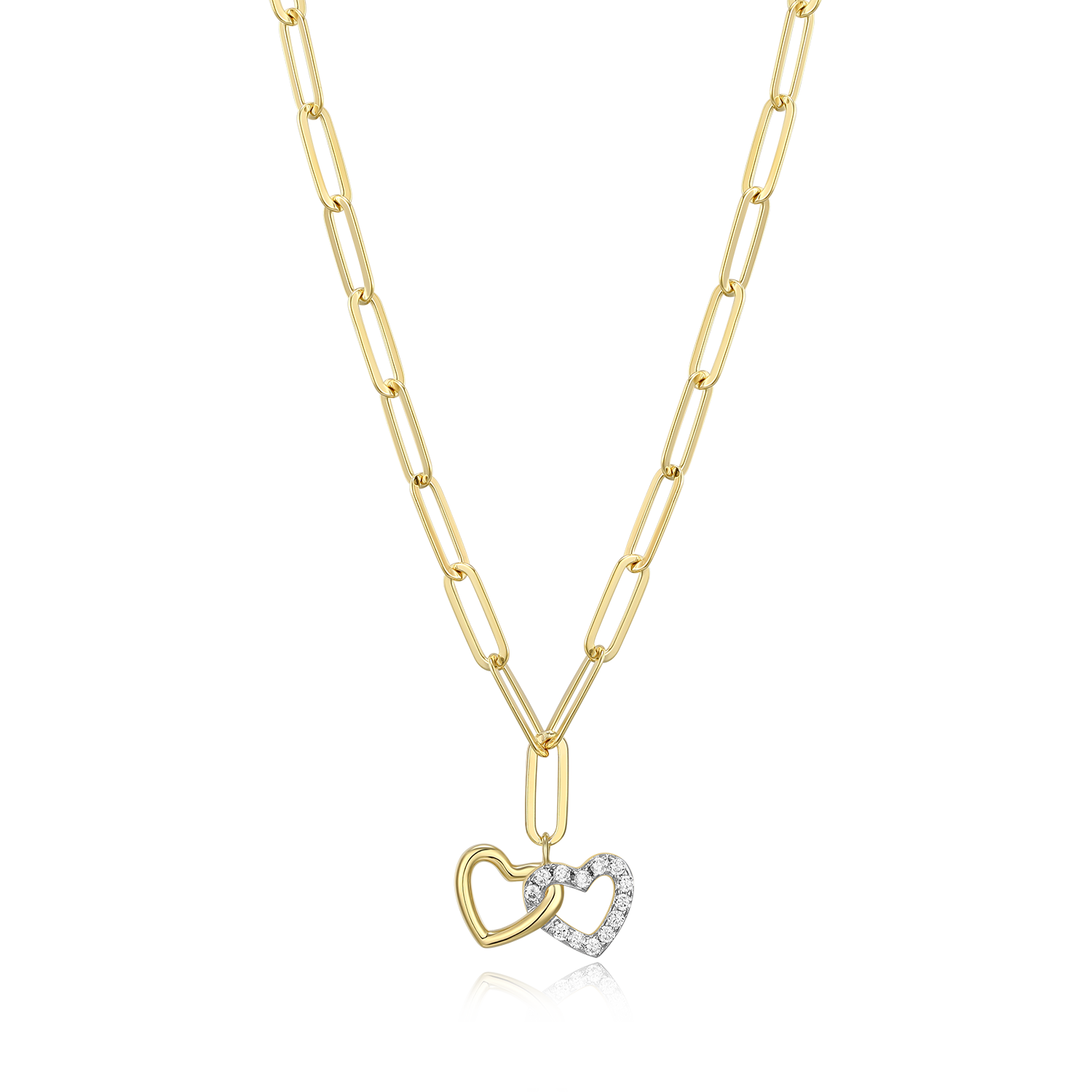 BN0172Y - Twin Heart Pendant Lab-Created Diamond Paperclip Necklace in 14K Gold & Rhodium-Plated Sterling Silver