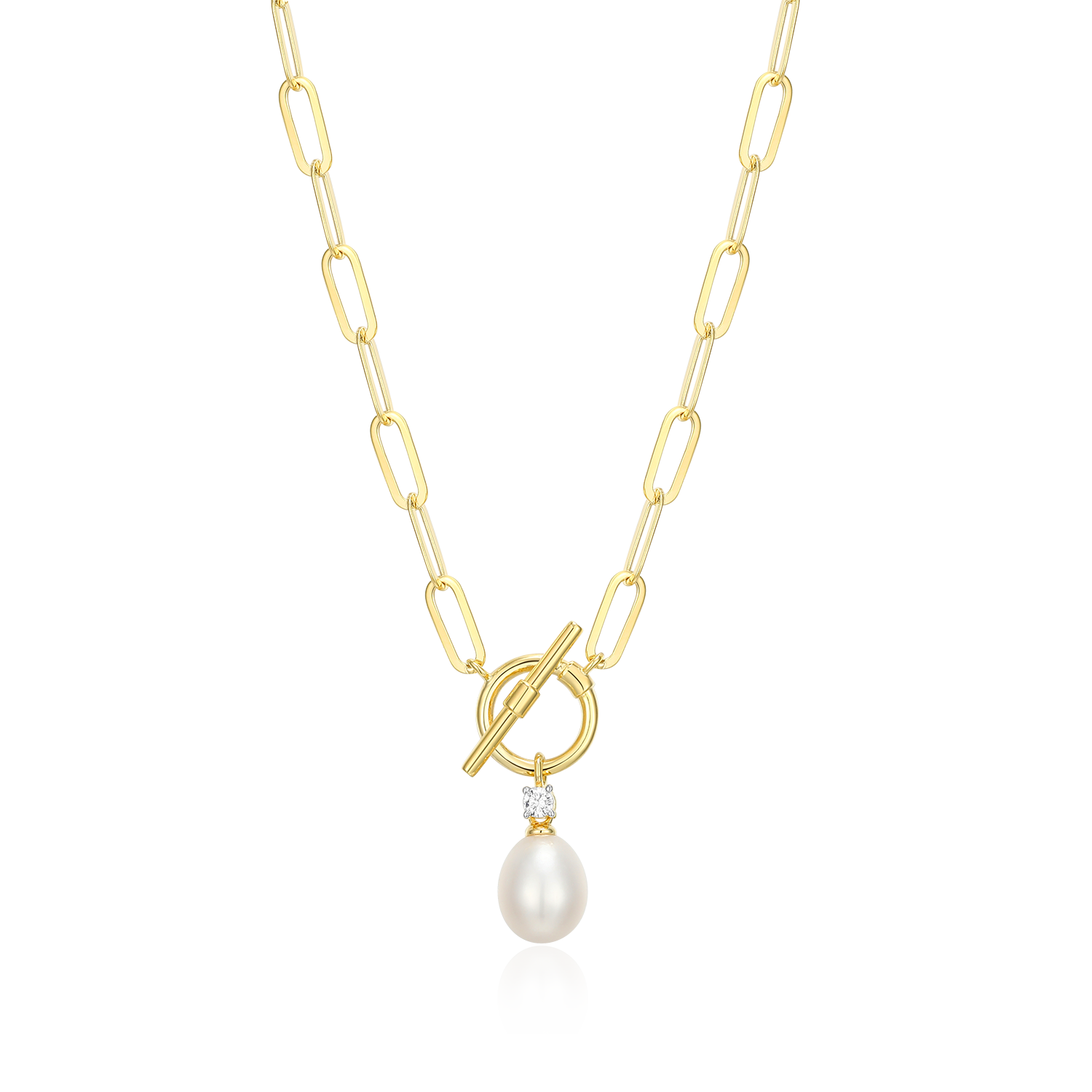 BN0233Y - Freshwater Pearl & Lab-Created Diamond Toggle-Look Paperclip Necklace in 14K Yellow Gold-Plated Sterling Silver