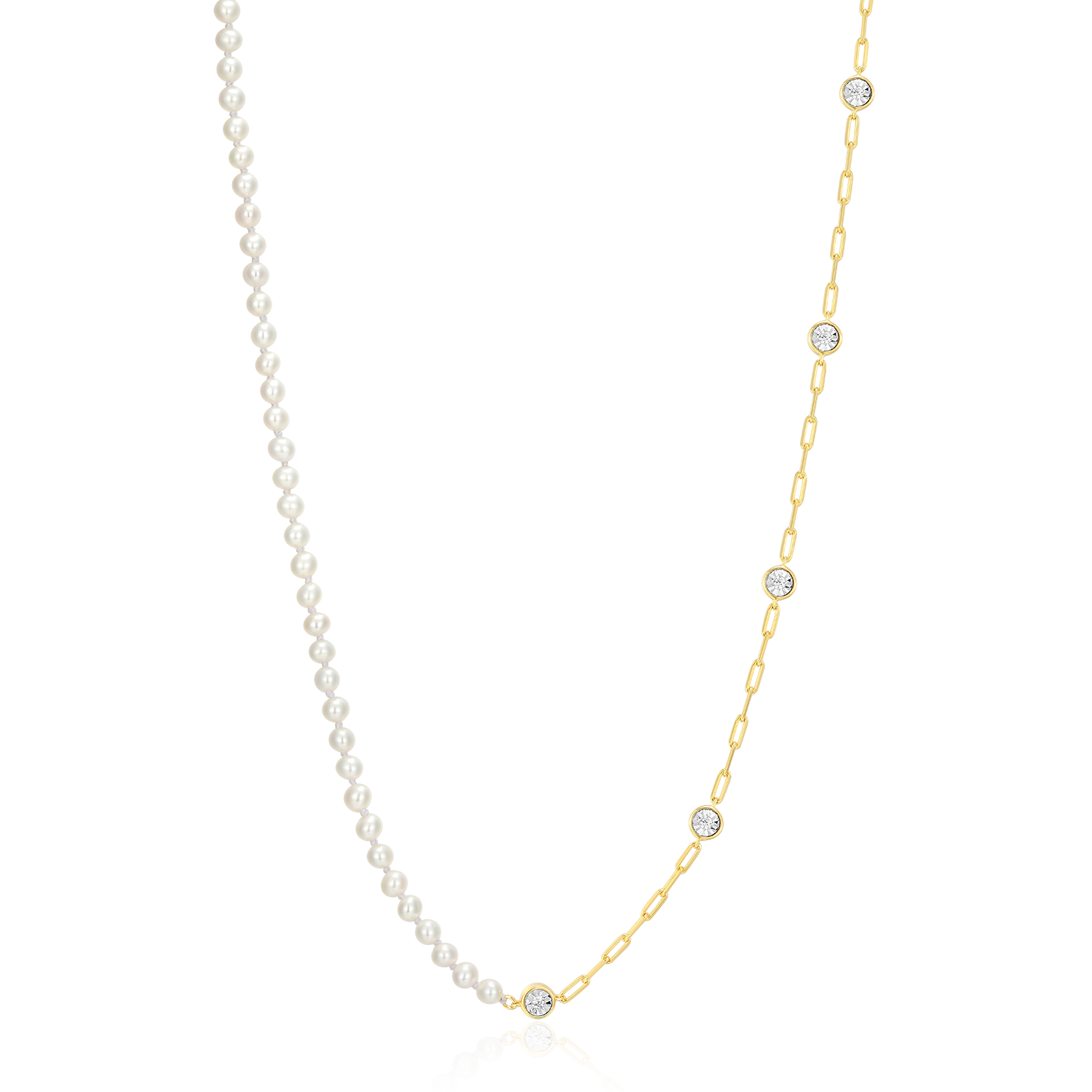 BN0235Y - Freshwater Baby Pearl & Lab-Created Diamond Station Paperclip Necklace in 14K Yellow Gold-Plated Sterling Silver