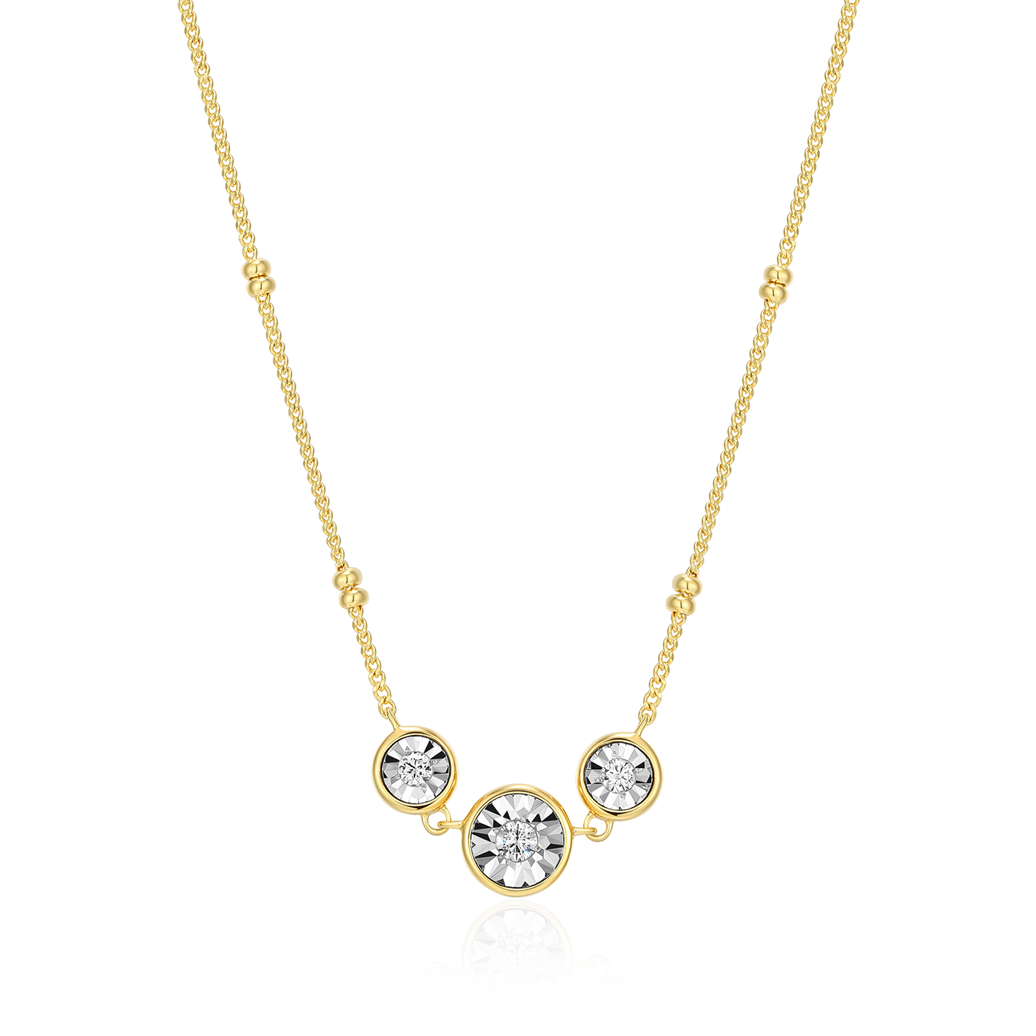 BN0219Y - Trio Bezel-Set Lab-Created Diamond Beaded Bolo Necklace in 14K Yellow Gold-Plated Sterling Silver