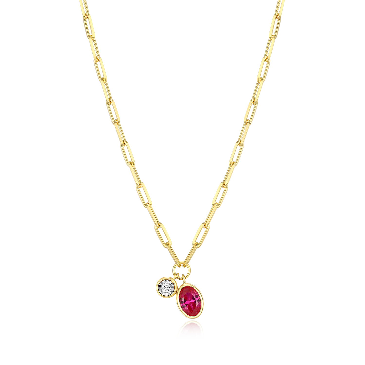 BN0227Y - July Birthstone Lab-Created Ruby & Lab-Created Diamond Mini Paperclip Necklace in 14K Yellow Gold-Plated Sterling Silver
