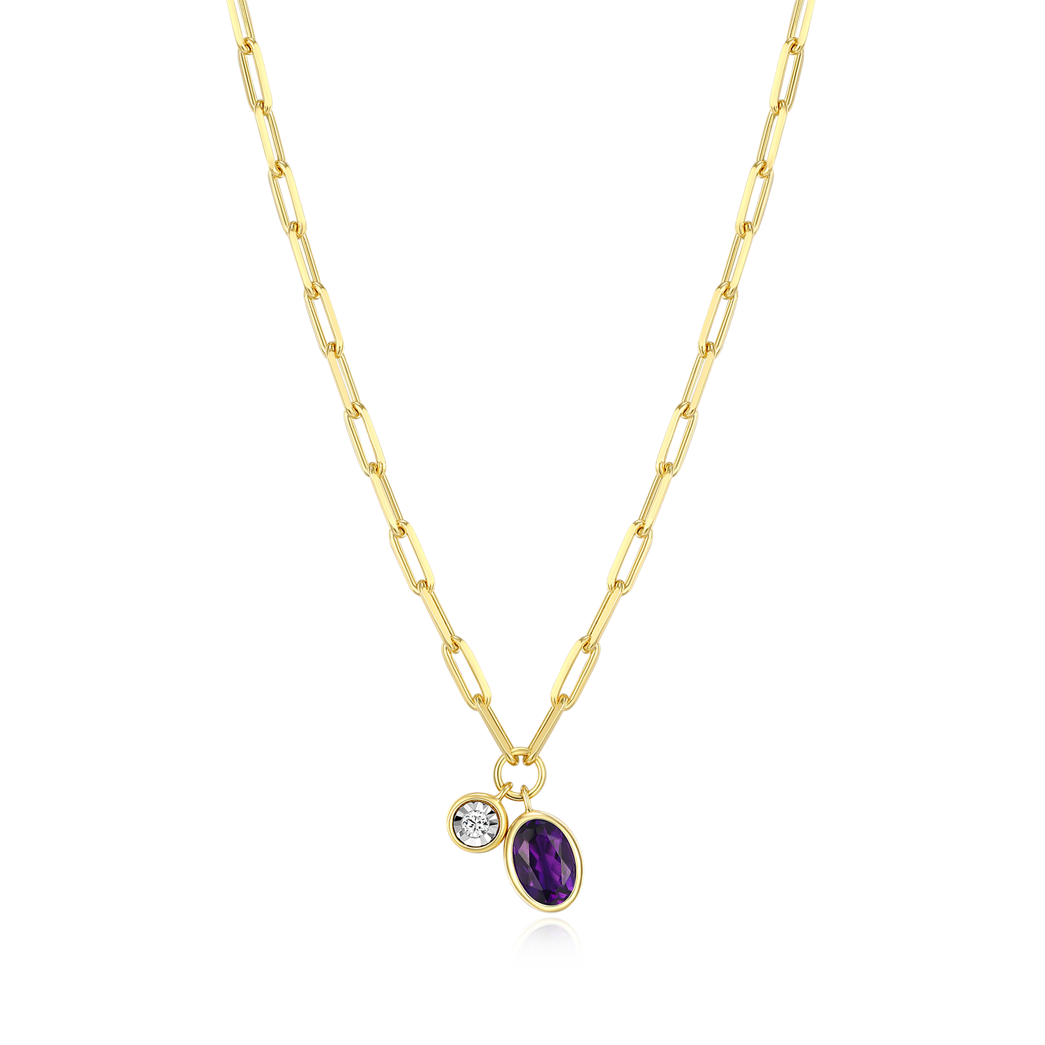 BN0222Y - February Birthstone Genuine Amethyst & Lab-Created Diamond Mini Paperclip Necklace in 14K Yellow Gold-Plated Sterling Silver