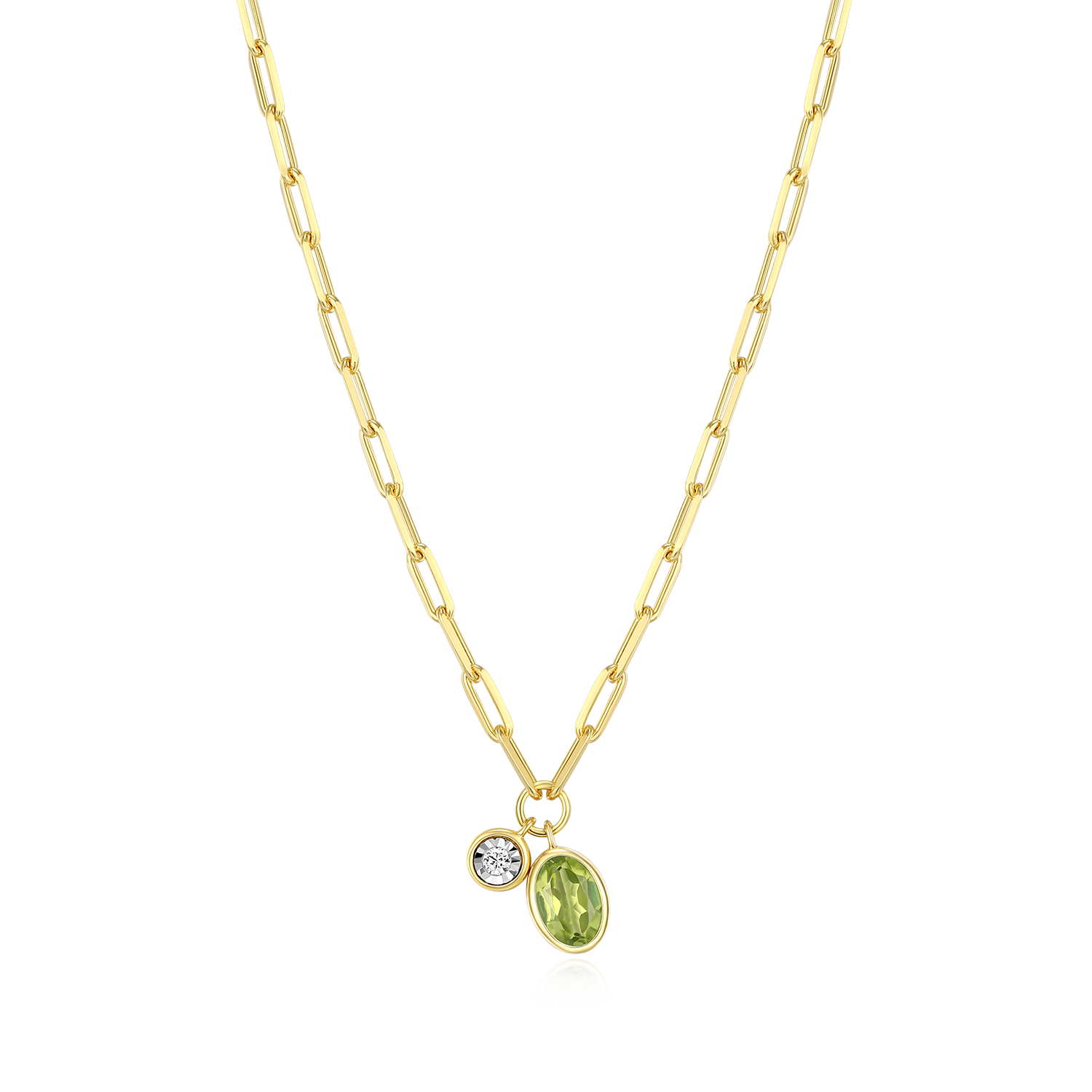 BN0228Y - August Birthstone Genuine Peridot & Lab-Created Diamond Mini Paperclip Necklace in 14K Yellow Gold-Plated Sterling Silver