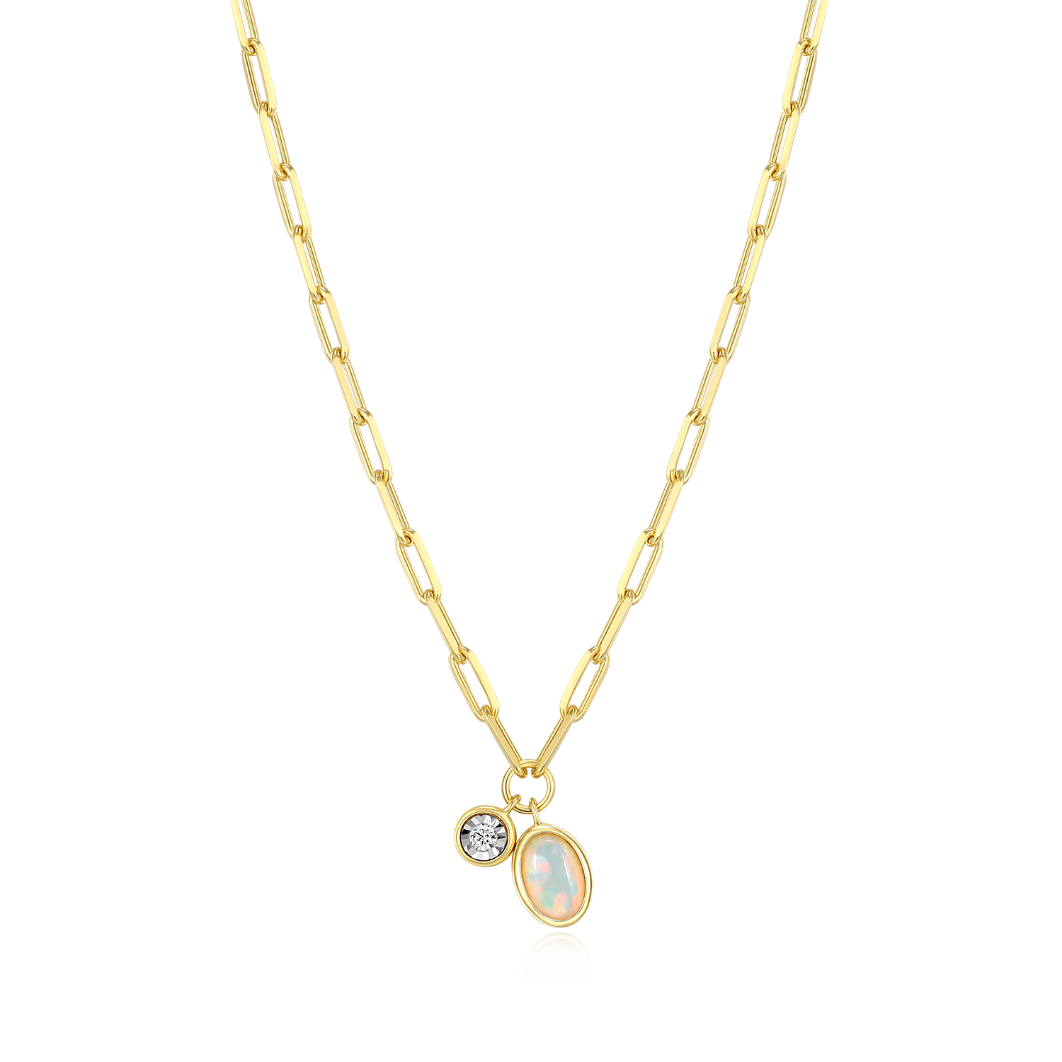 BN0230Y - October Birthstone Lab-Created Opal & Lab-Created Diamond Mini Paperclip Necklace in 14K Yellow Gold-Plated Sterling Silver
