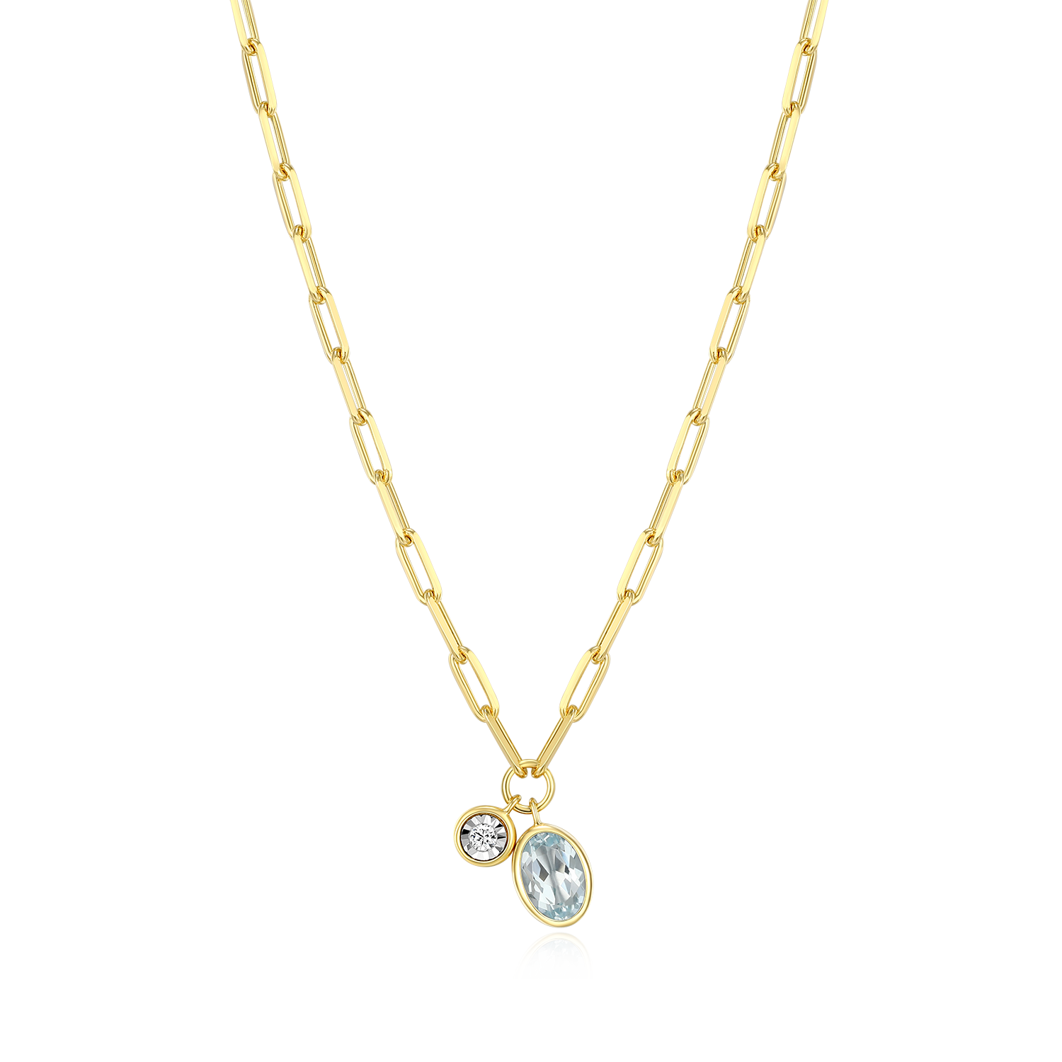 BN0232Y - March Birthstone Genuine Aquamarine & Lab-Created Diamond Mini Paperclip Necklace in 14K Yellow Gold-Plated Sterling Silver