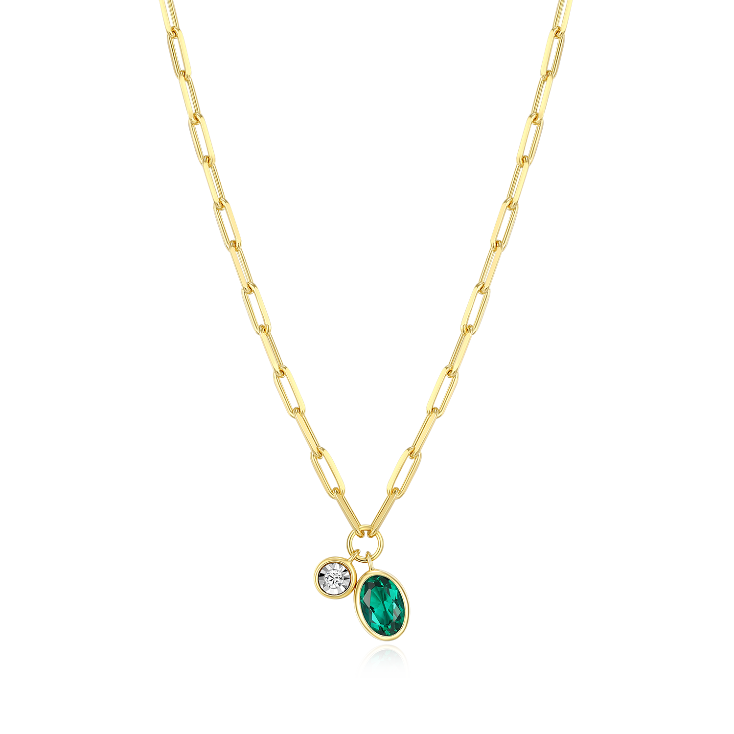 BN0225Y - May Birthstone Lab-Created Emerald & Lab-Created Diamond Mini Paperclip Necklace in 14K Yellow Gold-Plated Sterling Silver