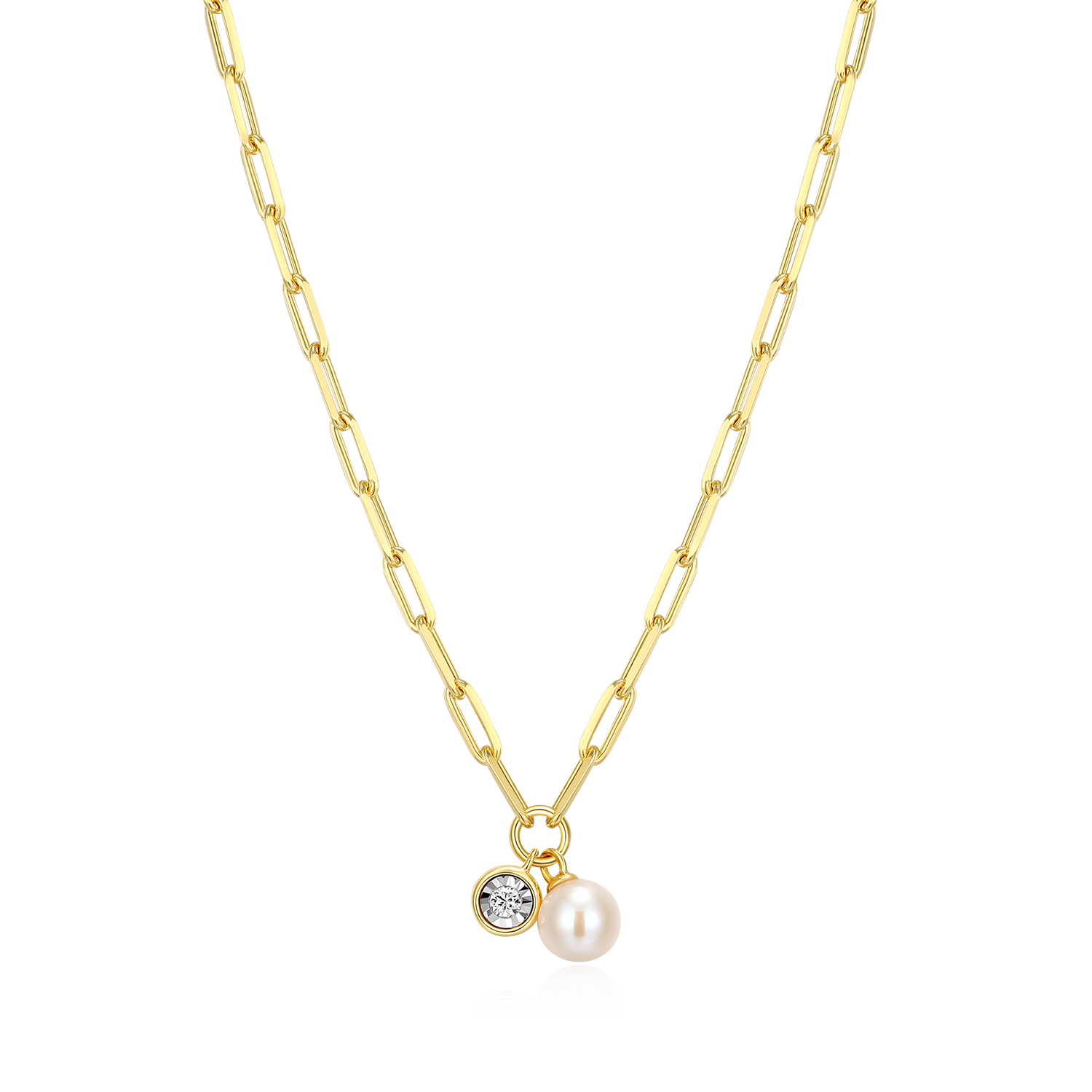 BN0226Y - June Birthstone Freshwater Pearl & Lab-Created Diamond Mini Paperclip Necklace in 14K Yellow Gold-Plated Sterling Silver