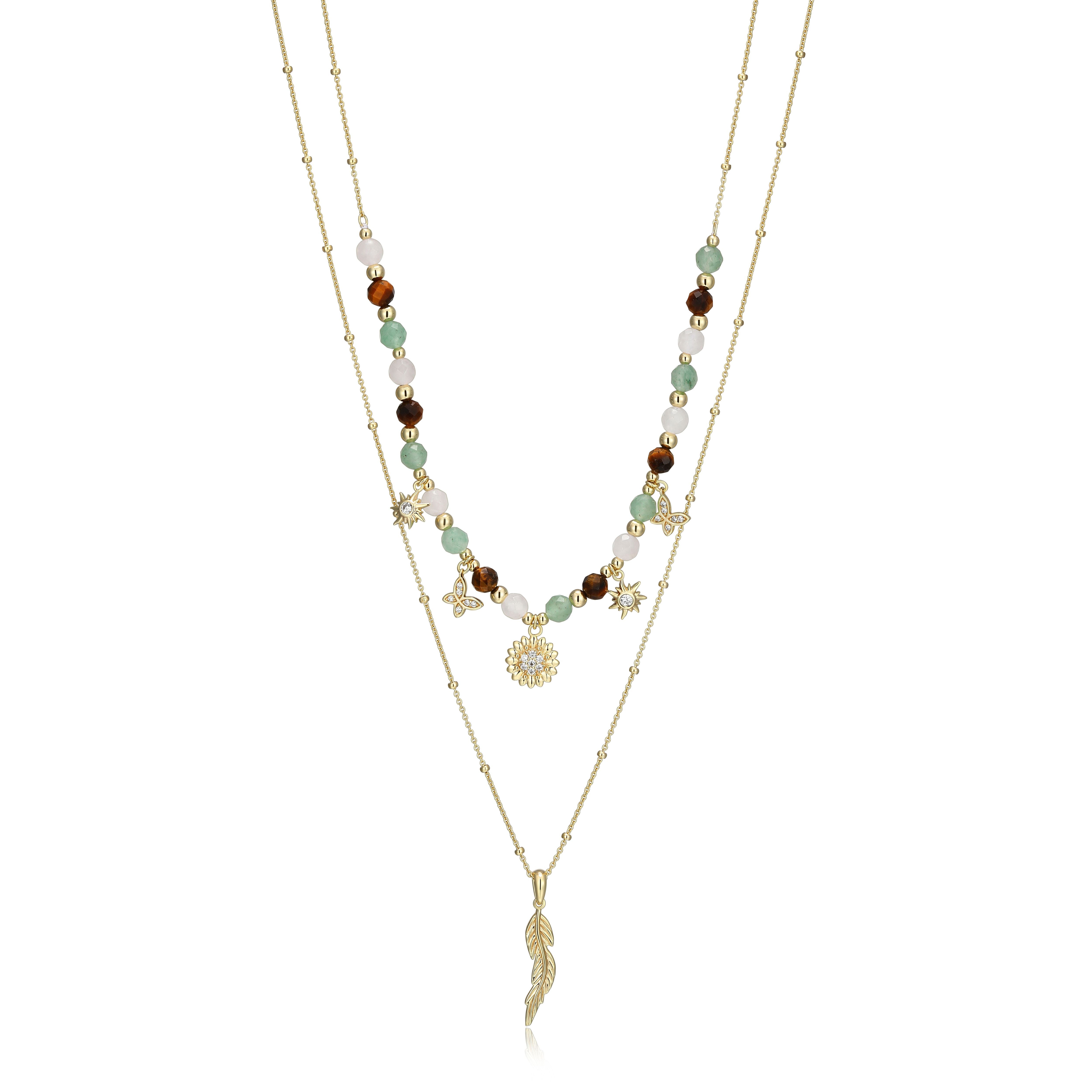 RN0203 - Genuine Dark Green Aventurine, Rose Quartz & Tiger's Eye Beaded Charm Necklace