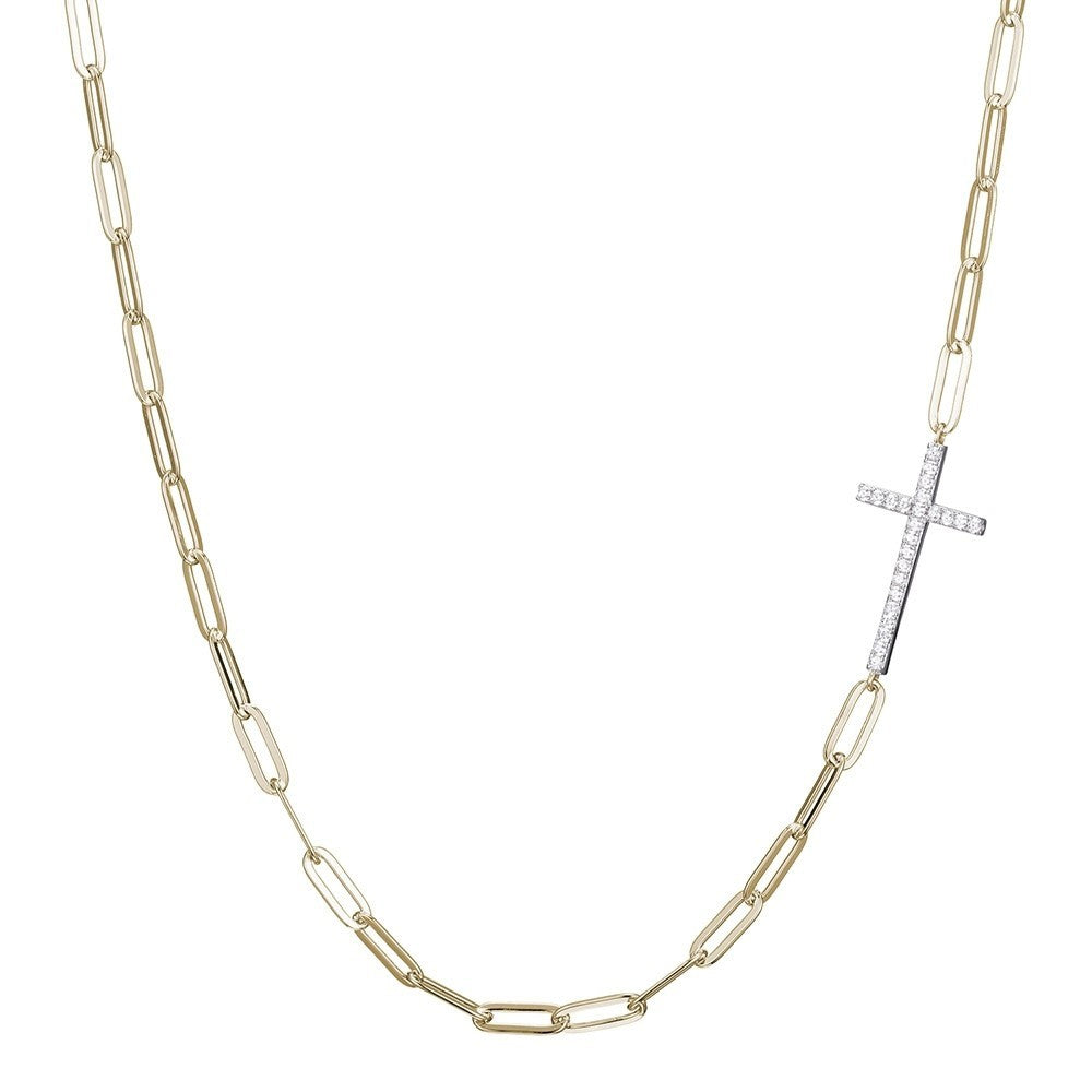 Sterling Silver Necklace Made With Paperclip Chain (3Mm) And Sideway Cz Cross, Measures 17" Long, Plus 2" Extender For Adjustable Length, 2 Tone, 18K Yellow Gold And Rhodium Finish