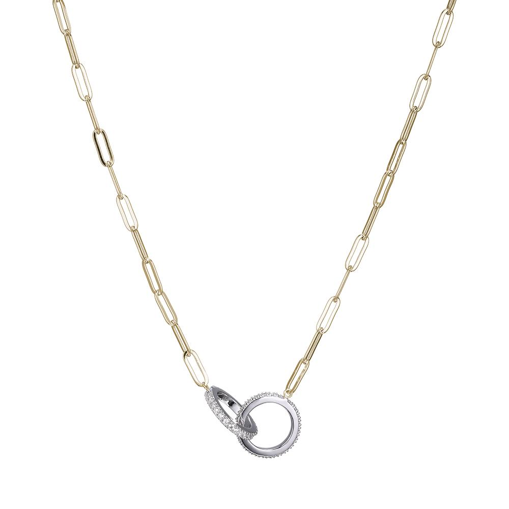 Sterling Silver Necklace Made With Paperclip Chain (3Mm) And 2 Cz Circles (15Mm) In Center, Measures 17" Long, Plus 2" Extender For Adjustable Length, 2 Tone, 18K Yellow Gold And Rhodium Finish