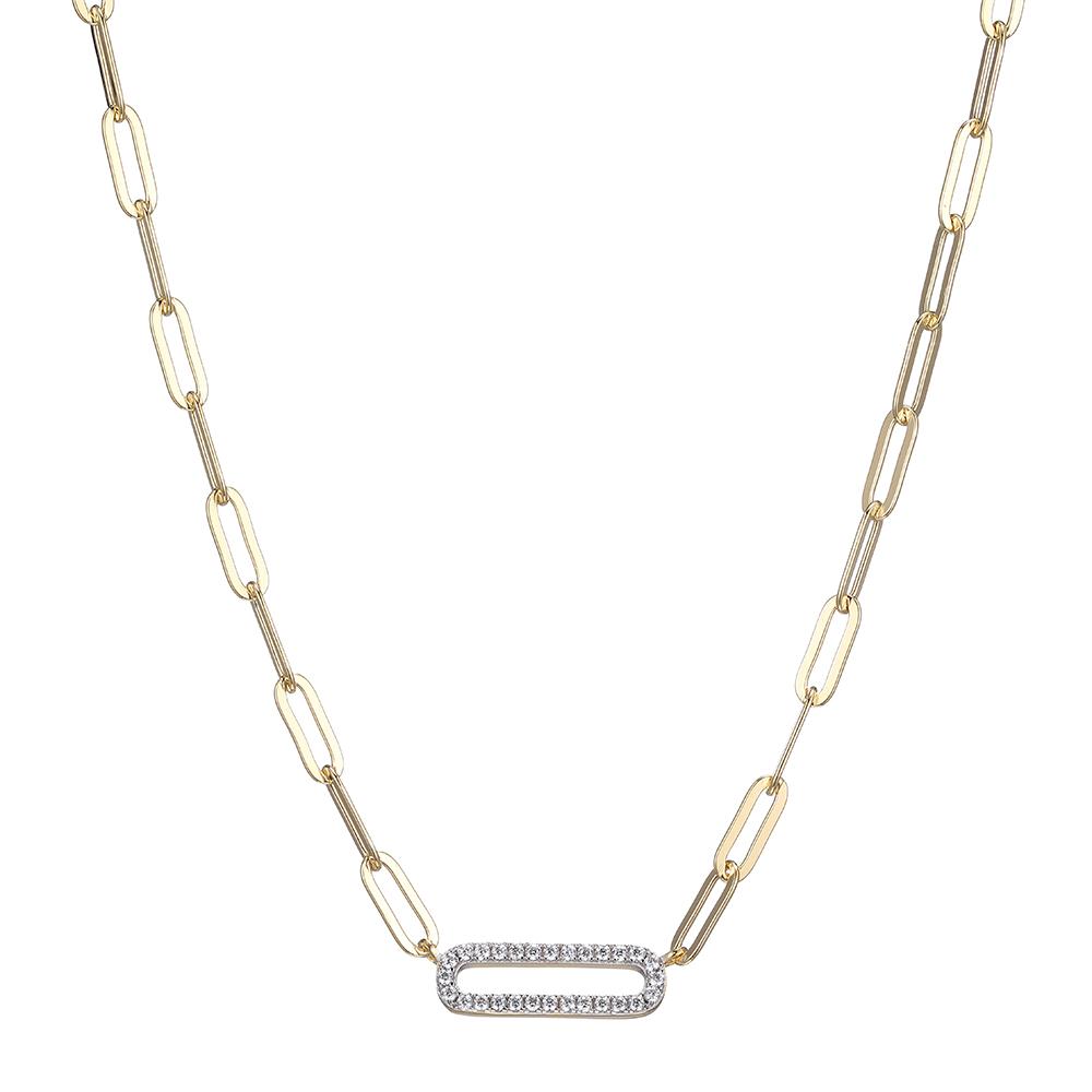 Sterling Silver Necklace Made With Paperclip Chain (3Mm) And Cz Link (18X6Mm) In Center, Measures 17" Long, Plus 2" Extender For Adjustable Length, 2 Tone, 18K Yellow Gold And Rhodium Finish