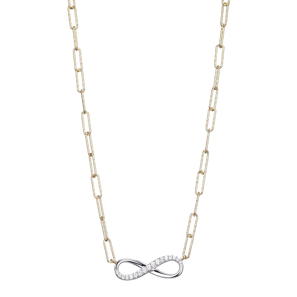 Sterling Silver Necklace Made With Diamond Cut Paperclip Chain (3Mm) And Reversible Cz Infinity (24X8Mm) In Center, Measures 17" Long, Plus 2" Extender For Adjustable Length, 2 Tone, 18K Yellow Gold And Rhodium Finish