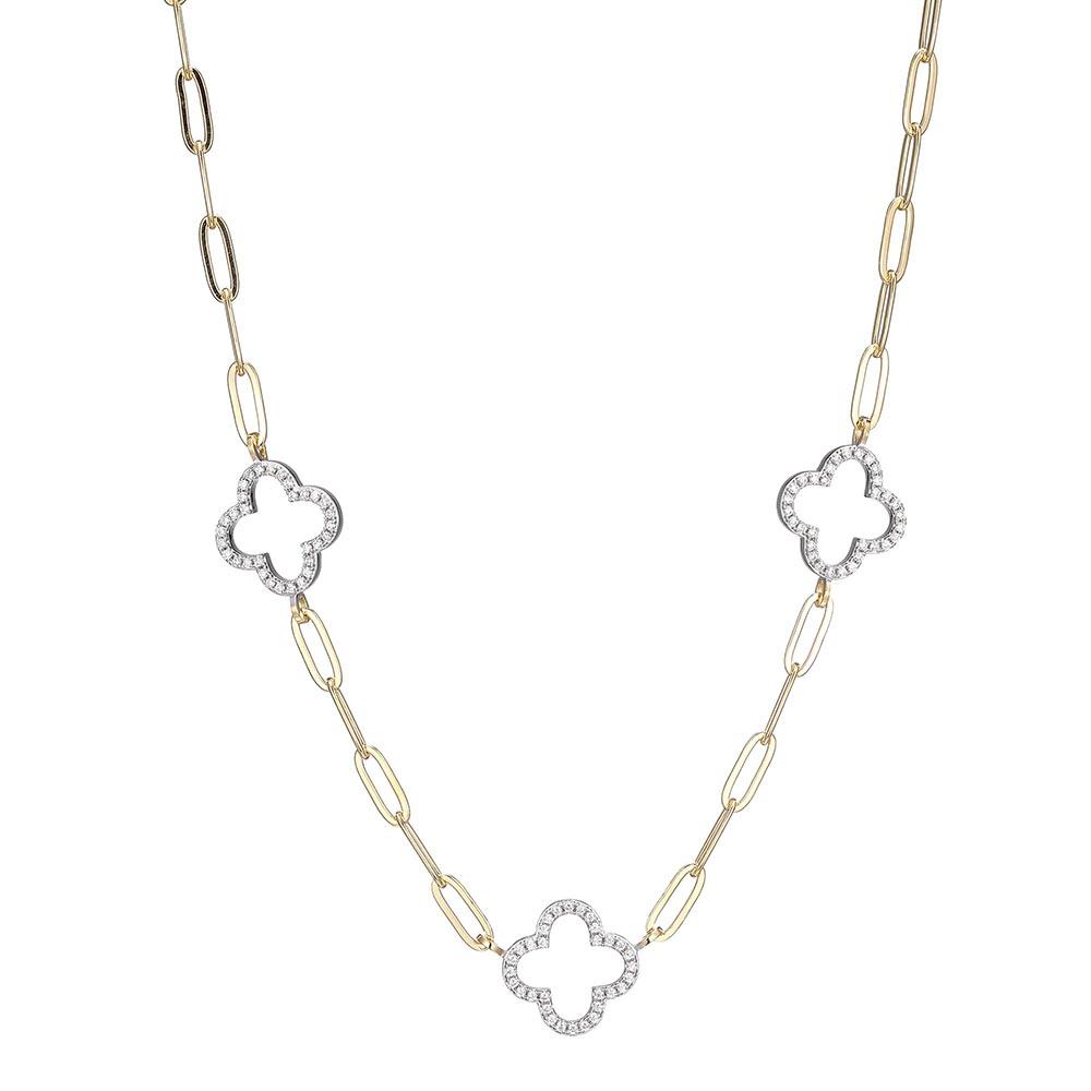 Sterling Silver Necklace Made With Paperclip Chain (3Mm) And 3 Cz Clover (14X14Mm) Stations, Measures 17" Long, Plus 2" Extender For Adjustable Length, 2 Tone, Yellow Gold And Rhodium Finish
