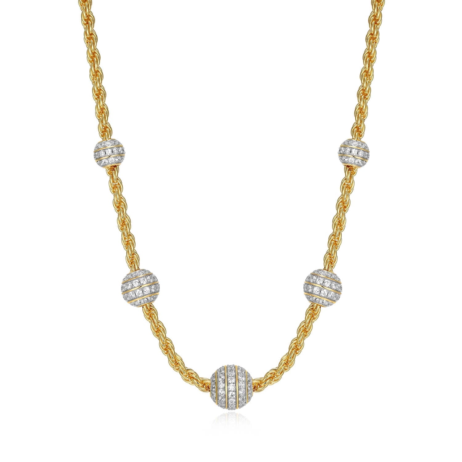 Sterling Silver Charles Garnier "rope" Rhodium And Yellow Gold Plated Cz Necklace On 17" + 2" Extension Rope Chain