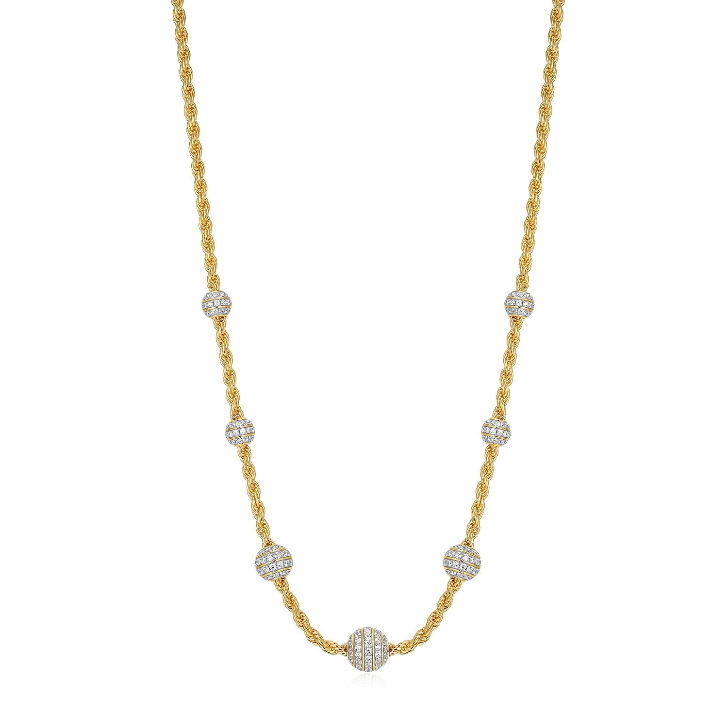 Sterling Silver Charles Garnier "rope" Rhodium And Yellow Gold Plated Cz Necklace On 26" + 2" Extension Rope Chain