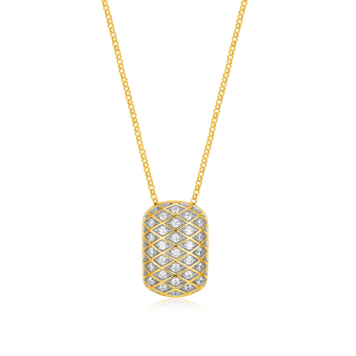 Sterling Silver Charles Garnier "quilted" Rhodium And Yellow Gold Plated Cz Necklace On 17" + 2" Extension Rolo Chain